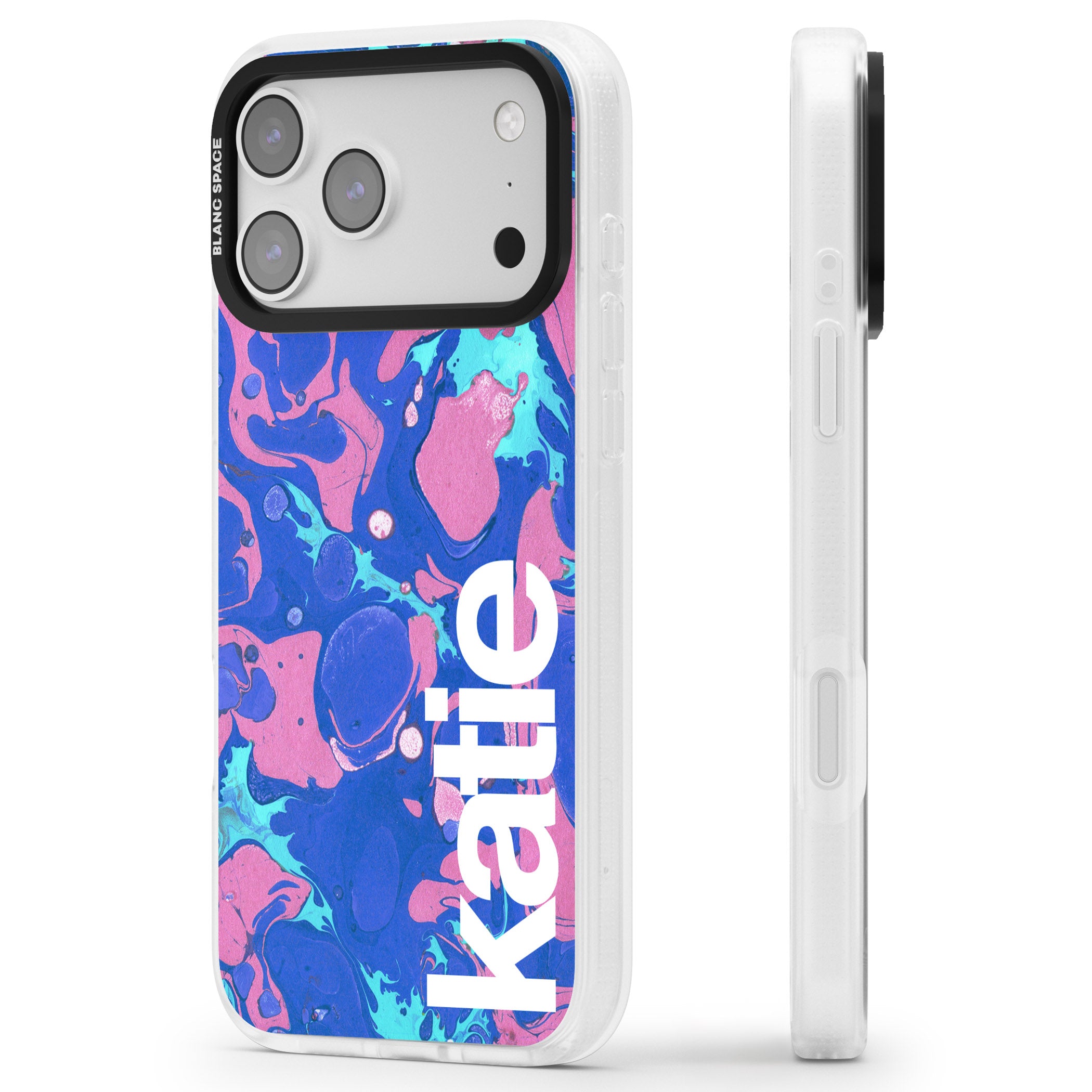 Personalised Navy & Turquoise Marbled iPhone 17 Pro Impact Air Clear Phone Case Side Profile