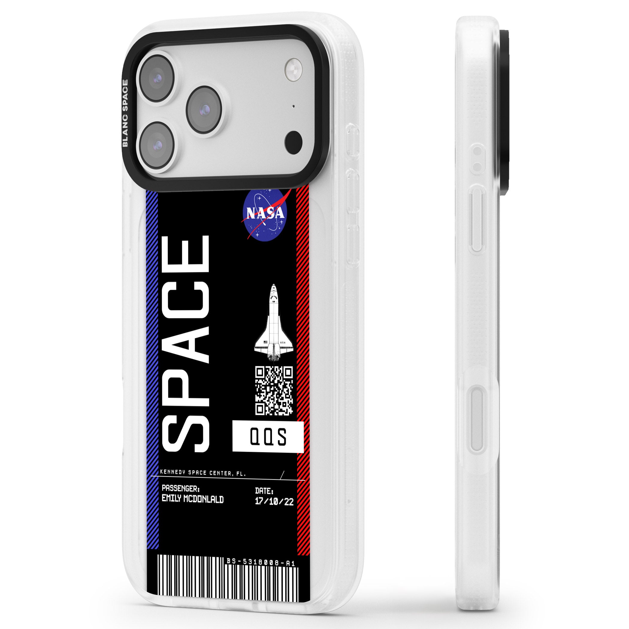 Personalised Nasa Boarding Pass (Dark) iPhone 17 Pro Impact Air Clear Phone Case Side Profile