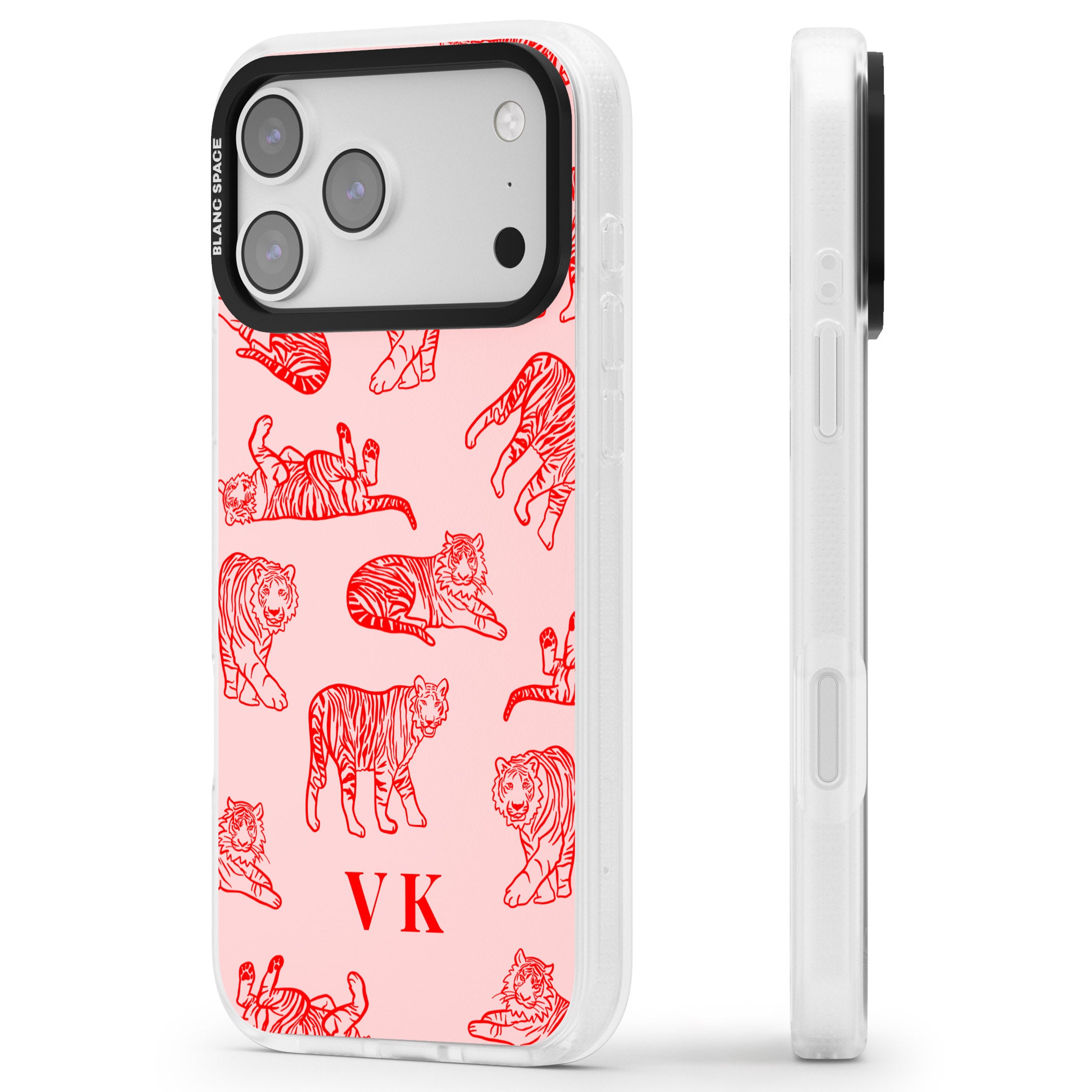 Personalised Red Tiger Outlines On Pink iPhone 17 Pro Impact Air Clear Phone Case Side Profile