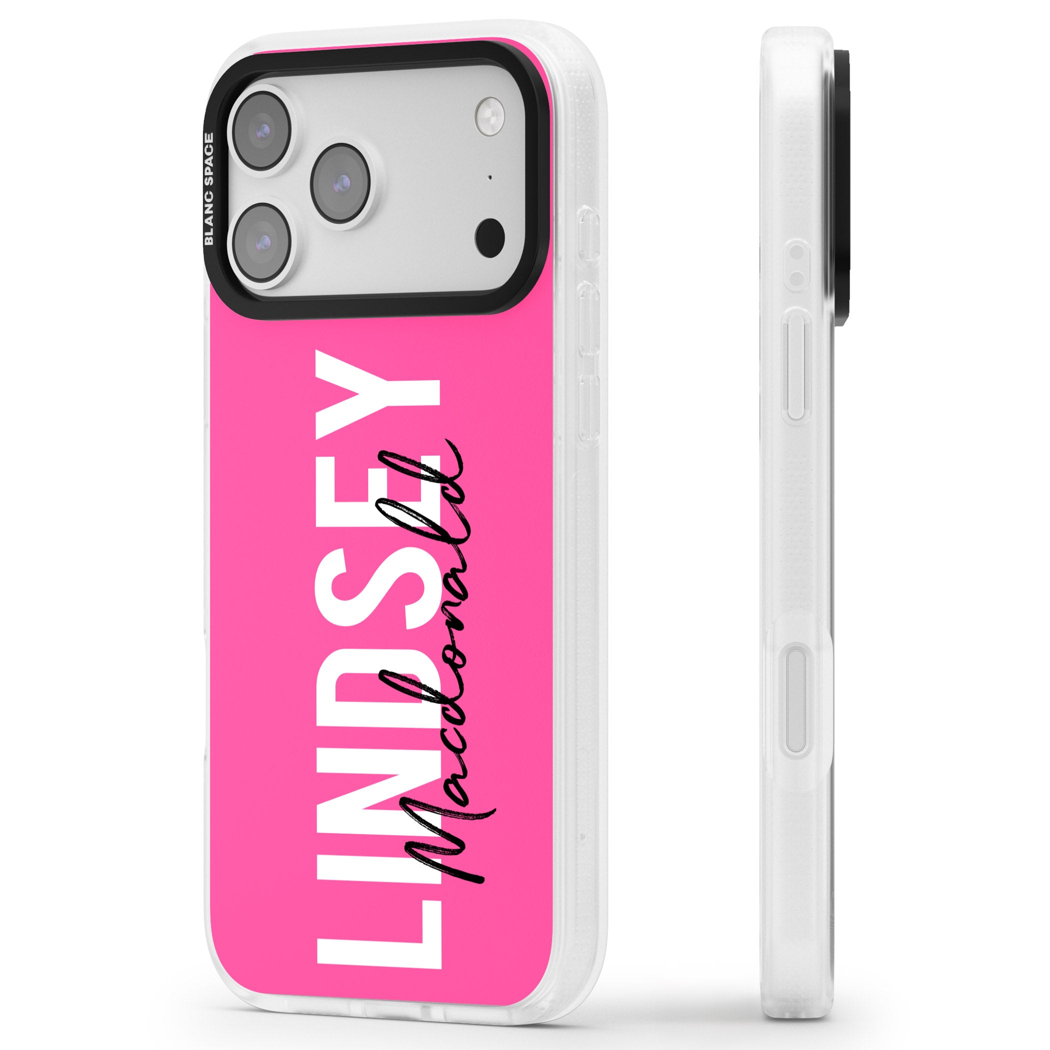 Personalised Bold Name: Pink iPhone 17 Pro Impact Air Clear Phone Case Side Profile