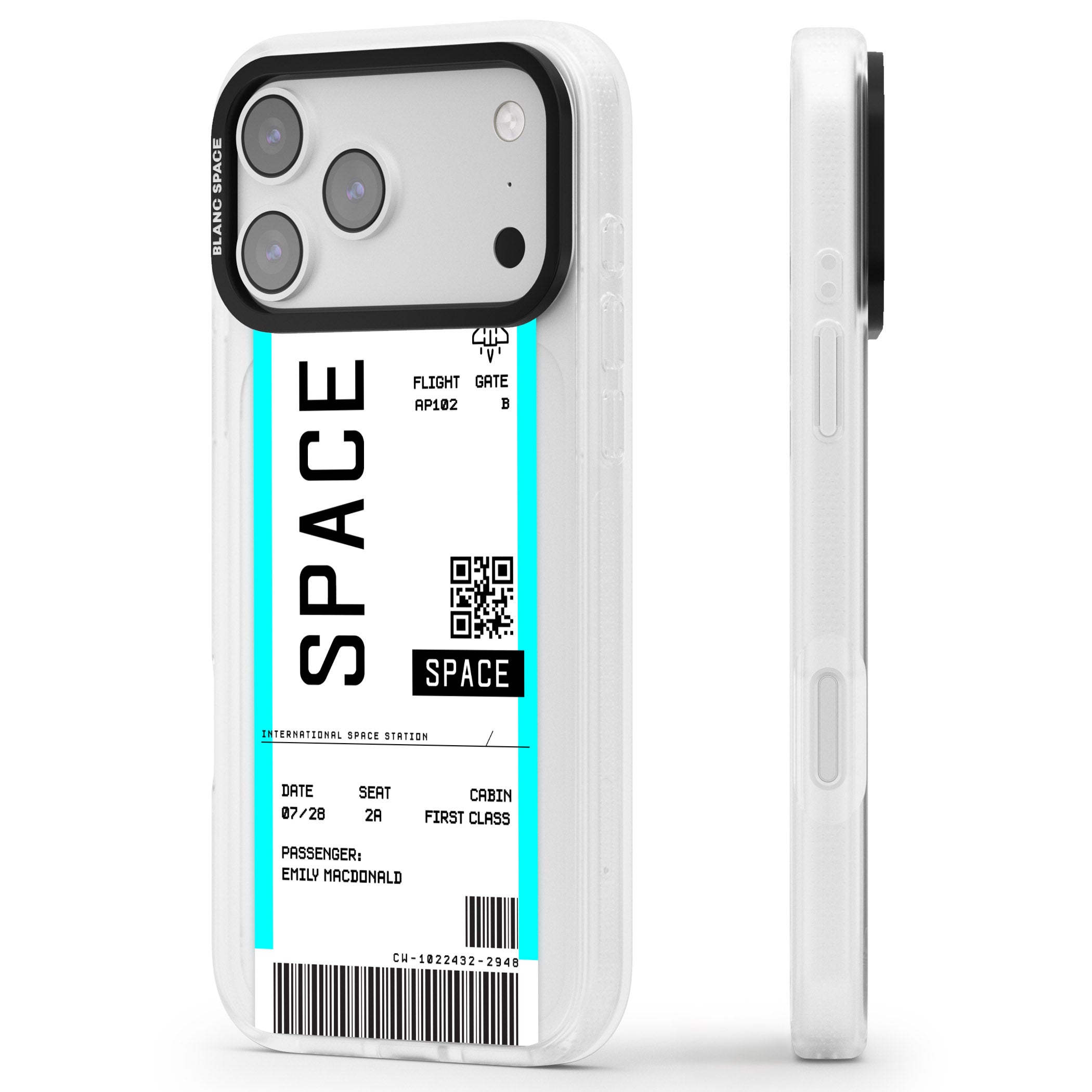 Personalised Space Travel Ticket iPhone 17 Pro Impact Air Clear Phone Case Side Profile