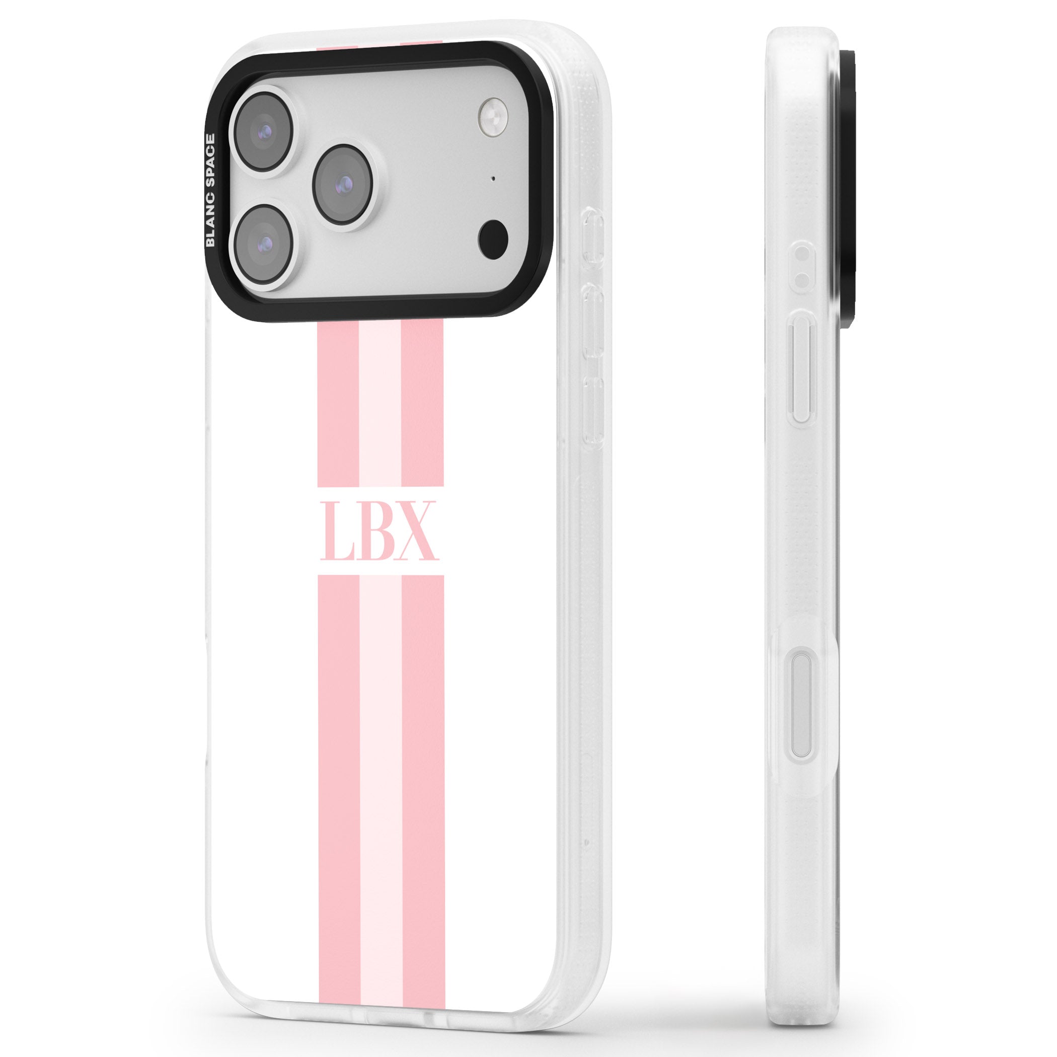Personalised Minimal Pink Stripe iPhone 17 Pro Max Impact Air Clear Phone Case Side Profile