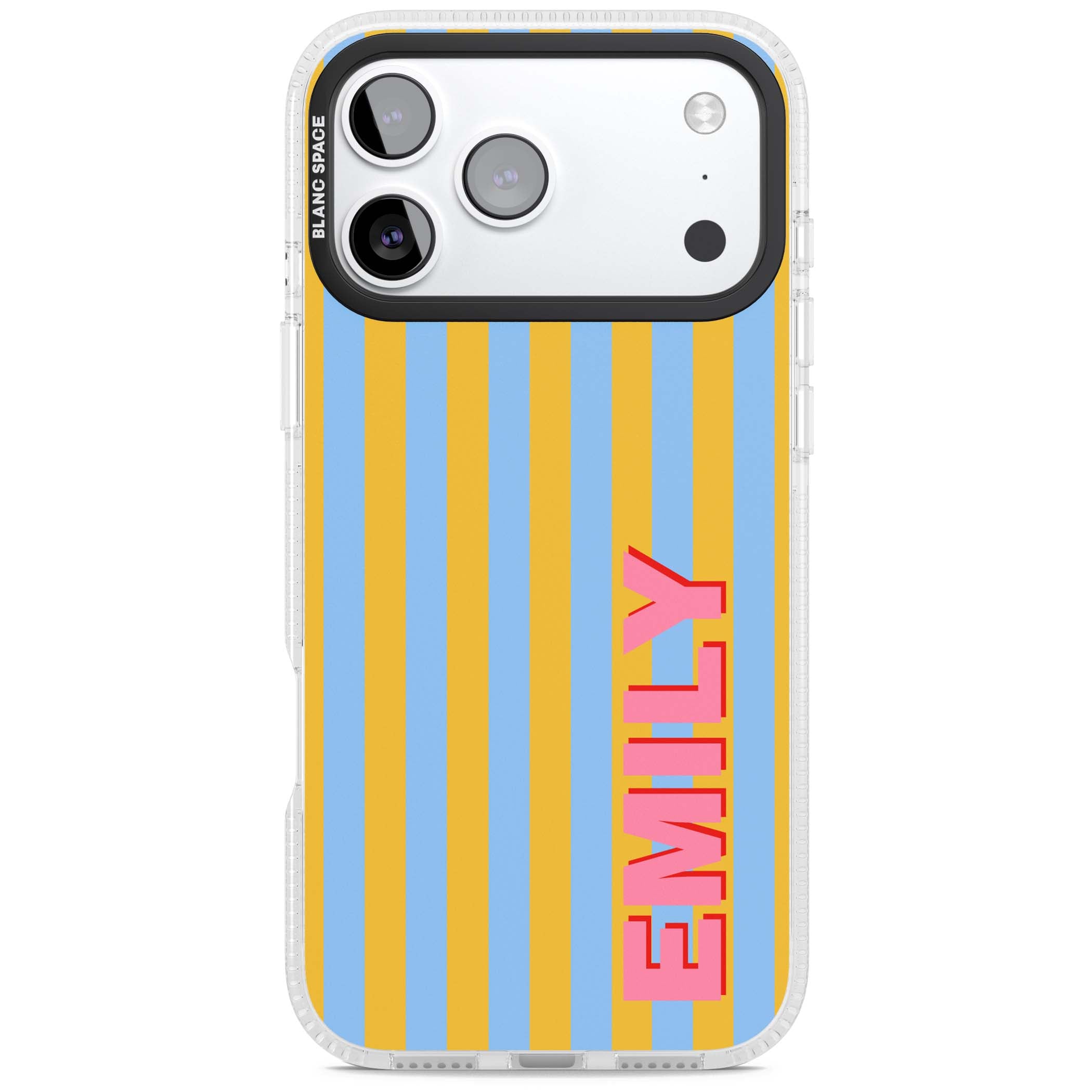Carribean Stripe personalised coastal iPhone case with yellow and blue vertical stripes and a custom pink name | Clear Case Impact Air case for iPhone 17 Pro, iPhone 17 Pro Max