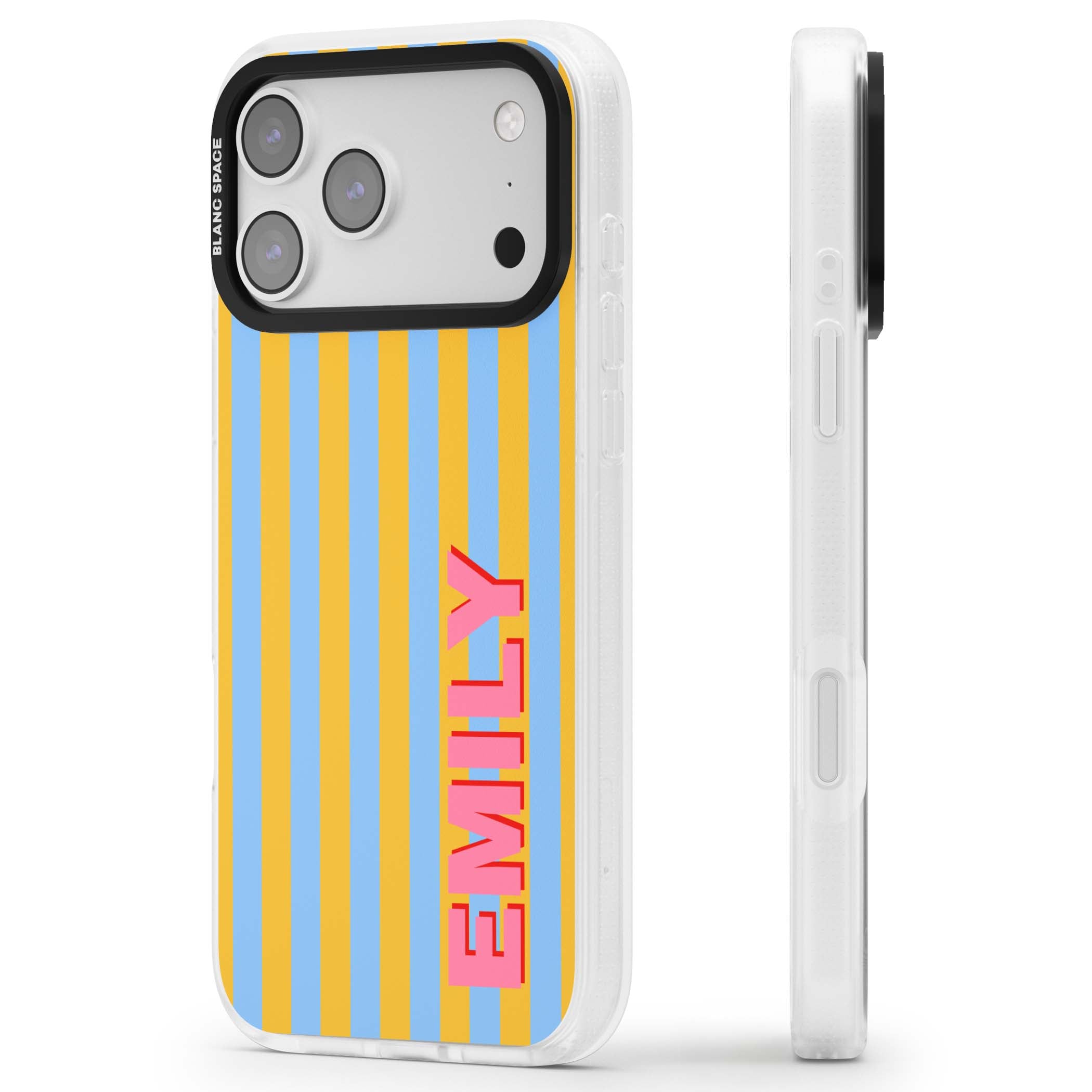 Carribean Stripe personalised coastal iPhone case with yellow and blue vertical stripes and a custom pink name | Clear Case Impact Air case for iPhone 17 Pro, iPhone 17 Pro Max