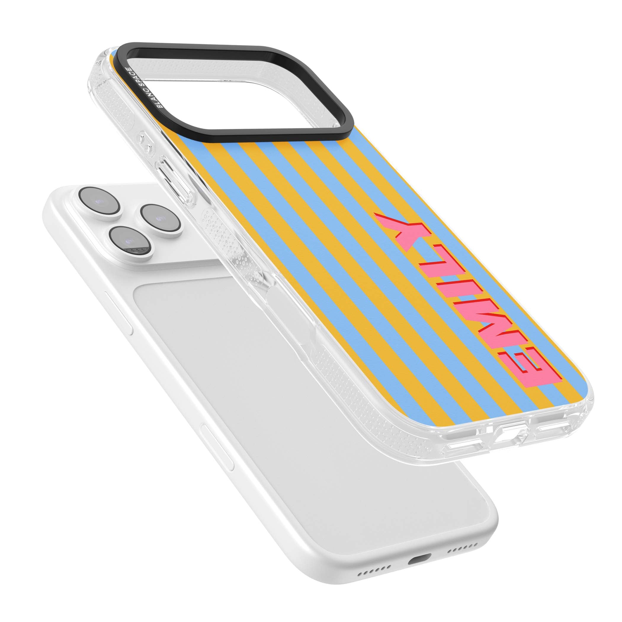 Carribean Stripe personalised coastal iPhone case with yellow and blue vertical stripes and a custom pink name | Clear Case Impact Air case for iPhone 17 Pro, iPhone 17 Pro Max