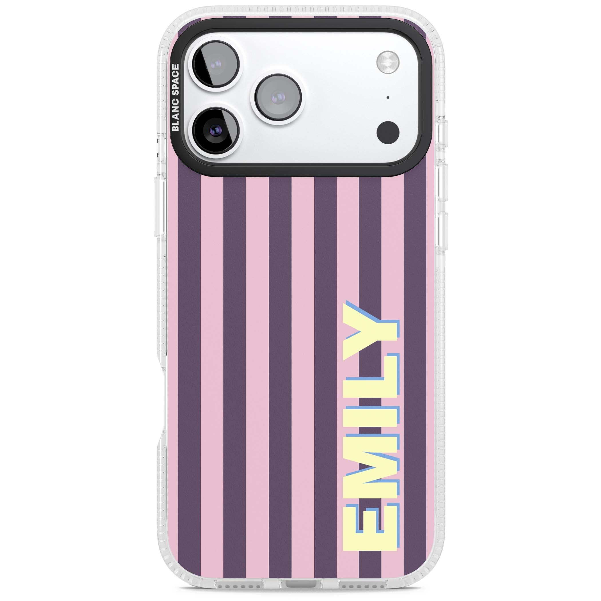 Tyre Stripe personalised stripe iPhone case with plum and pink vertical stripes and custom yellow name | Clear Case Impact Air case for iPhone 17 Pro, iPhone 17 Pro Max