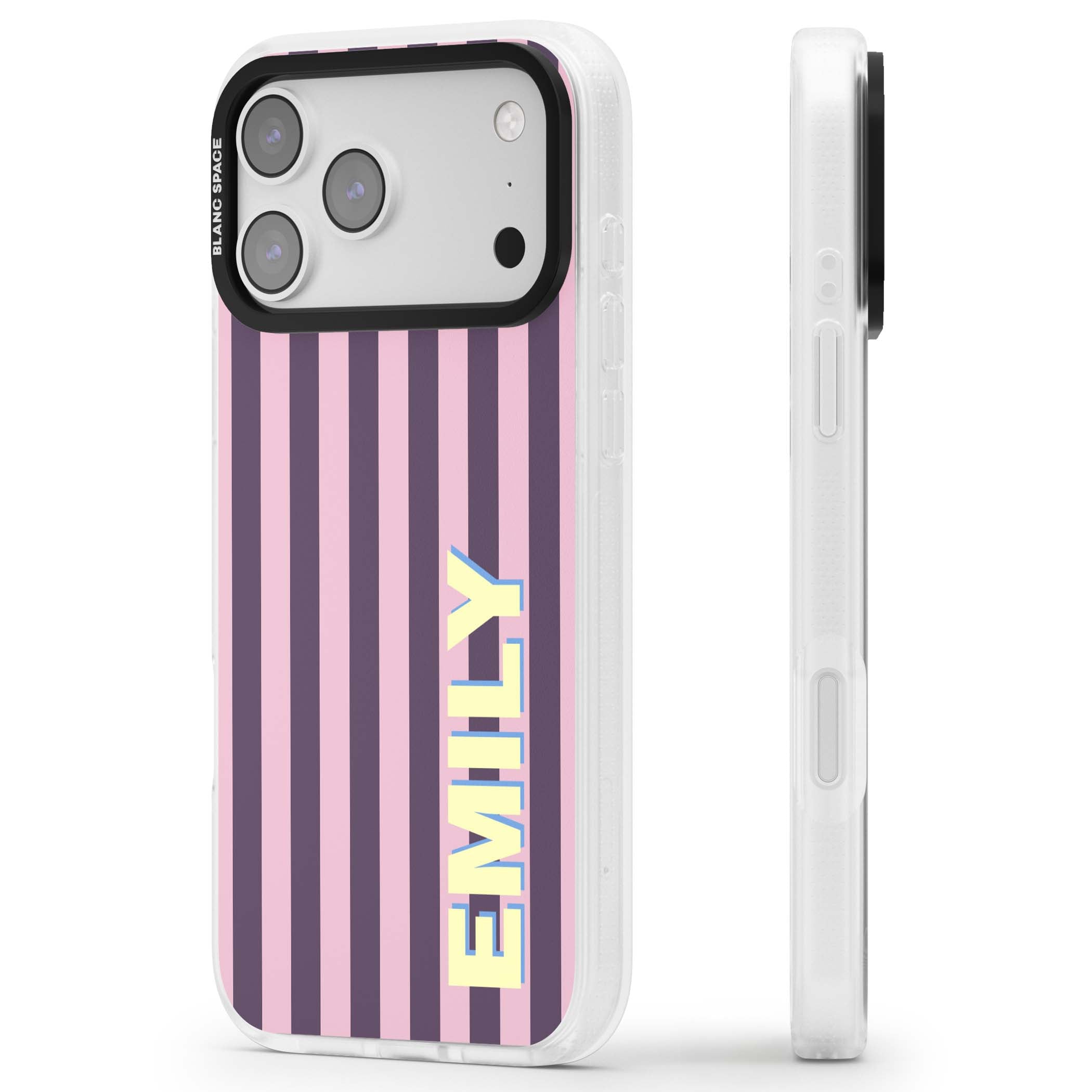 Tyre Stripe personalised stripe iPhone case with plum and pink vertical stripes and custom yellow name | Clear Case Impact Air case for iPhone 17 Pro, iPhone 17 Pro Max