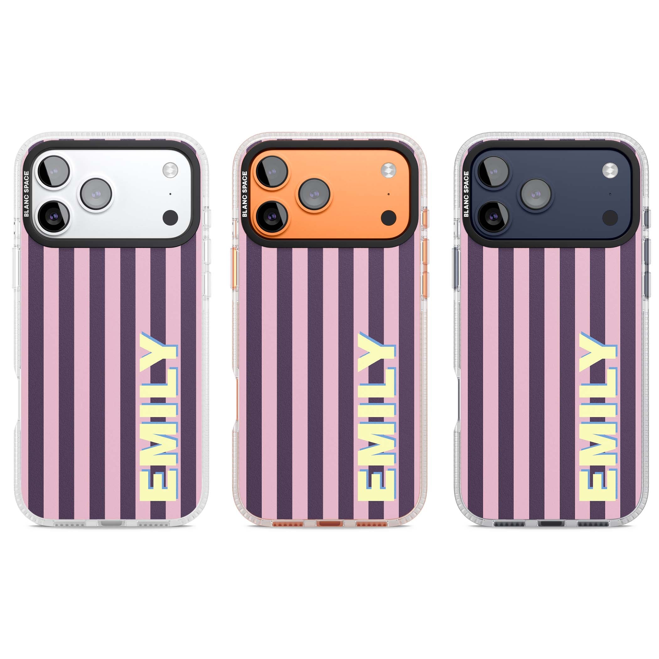 Tyre Stripe personalised stripe iPhone case with plum and pink vertical stripes and custom yellow name | Clear Case Impact Air case for iPhone 17 Pro, iPhone 17 Pro Max