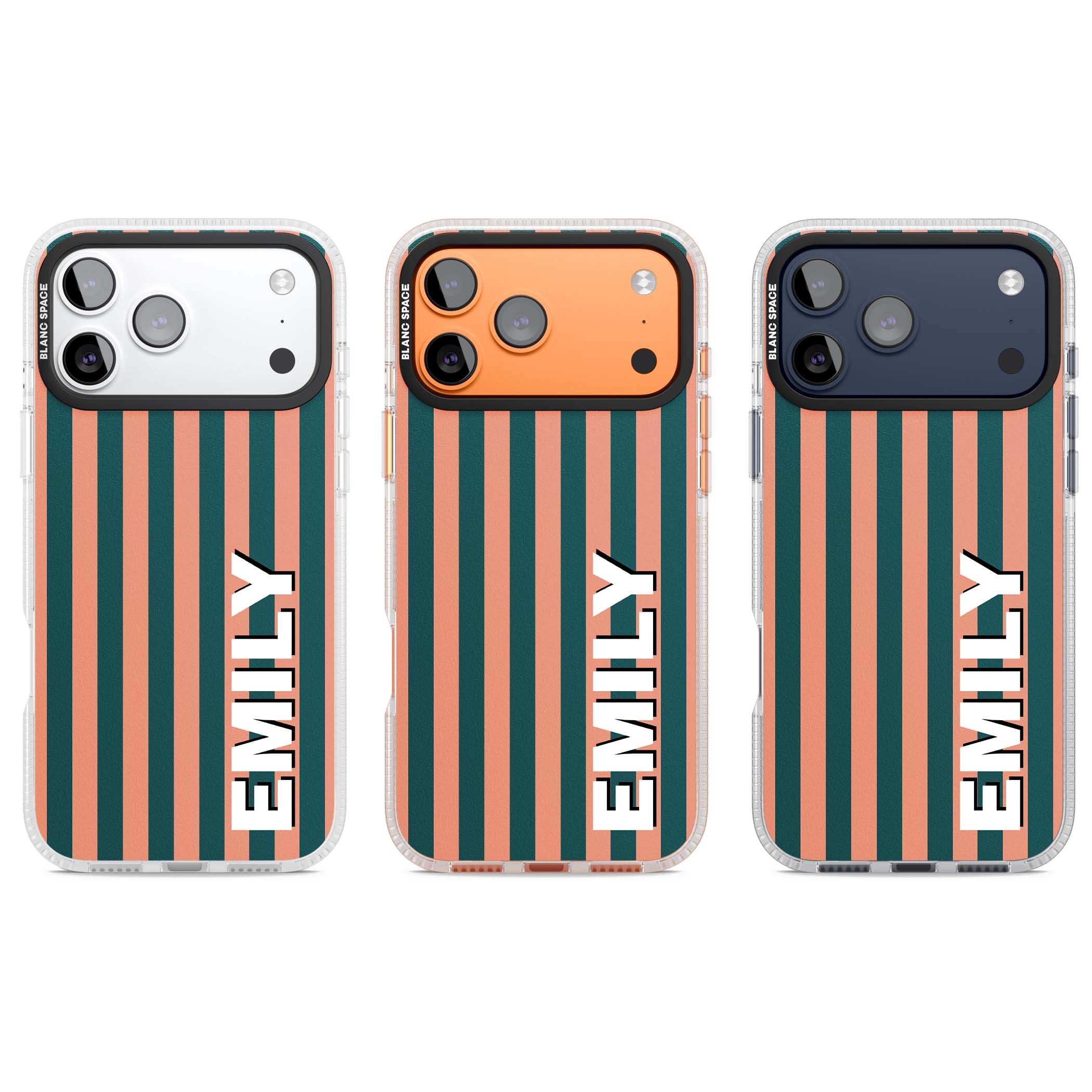 Tuscan Stripe personalised iPhone case featuring coral and green vertical stripes with bold custom name | Clear Case Impact Air case for iPhone 17 Pro, iPhone 17 Pro Max