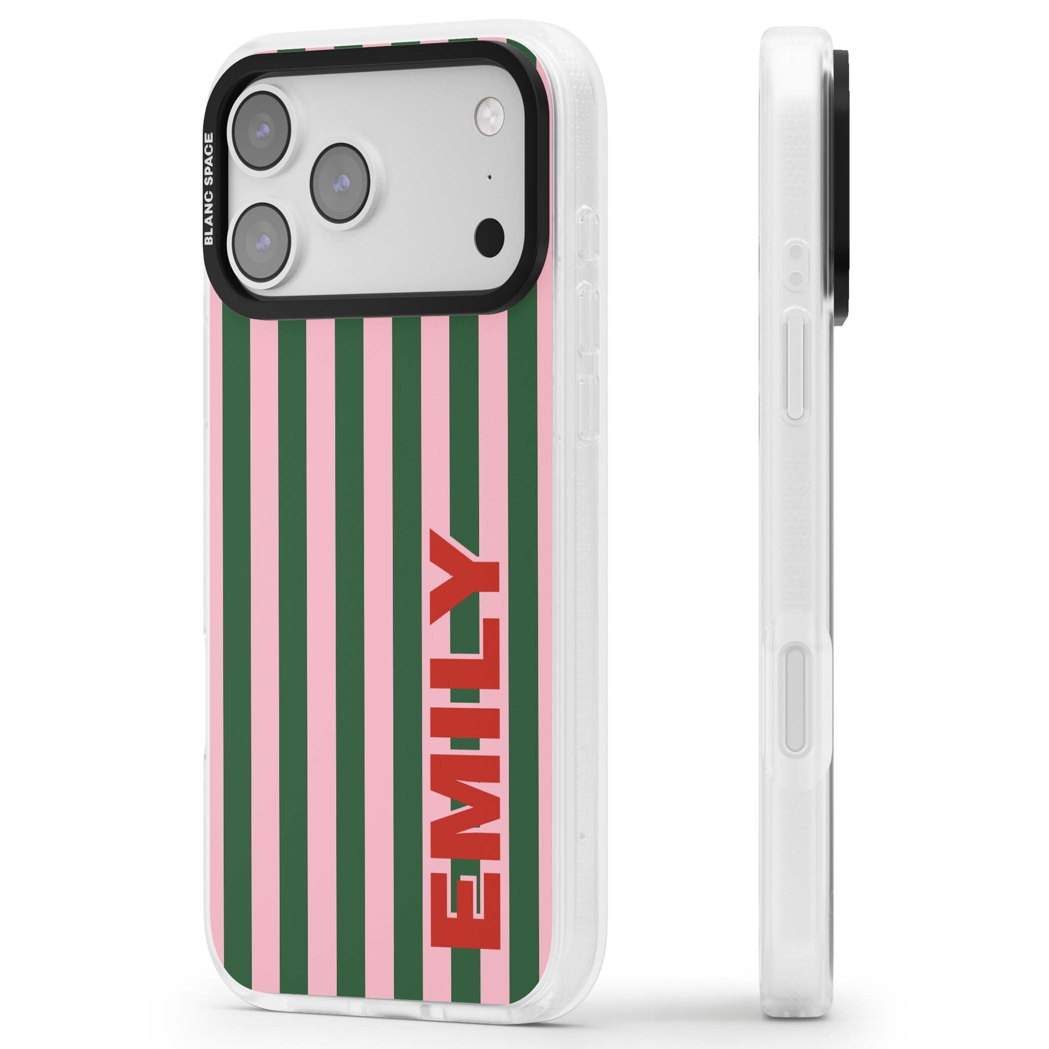 Italian Stripe preppy iPhone case featuring pink and green vertical stripes with personalised red name | Clear Case Impact Air case for iPhone 17 Pro, iPhone 17 Pro Max