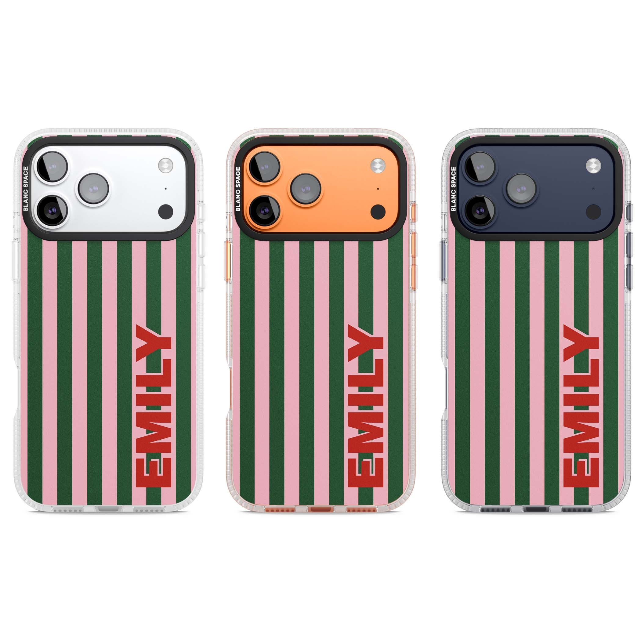 Italian Stripe preppy iPhone case featuring pink and green vertical stripes with personalised red name | Clear Case Impact Air case for iPhone 17 Pro, iPhone 17 Pro Max