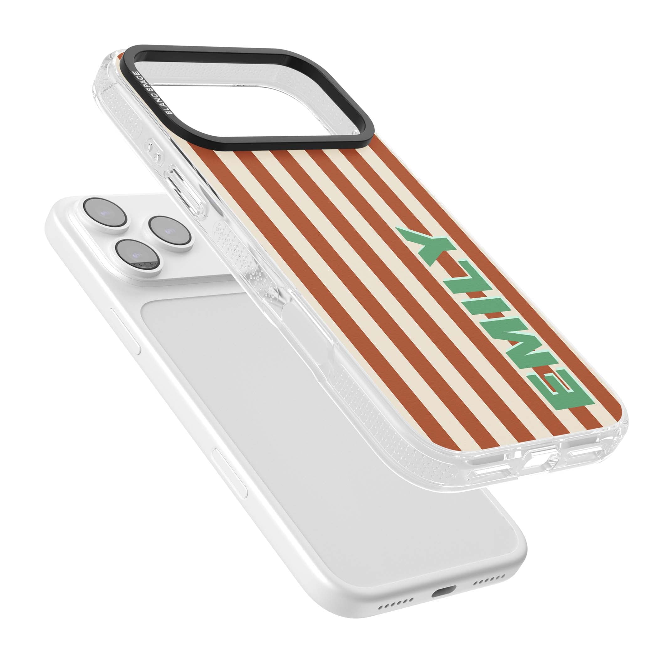 Dune Stripe personalised iPhone case with rust and cream vertical stripes and custom name in mint green | Clear Case Impact Air case for iPhone 17 Pro, iPhone 17 Pro Max