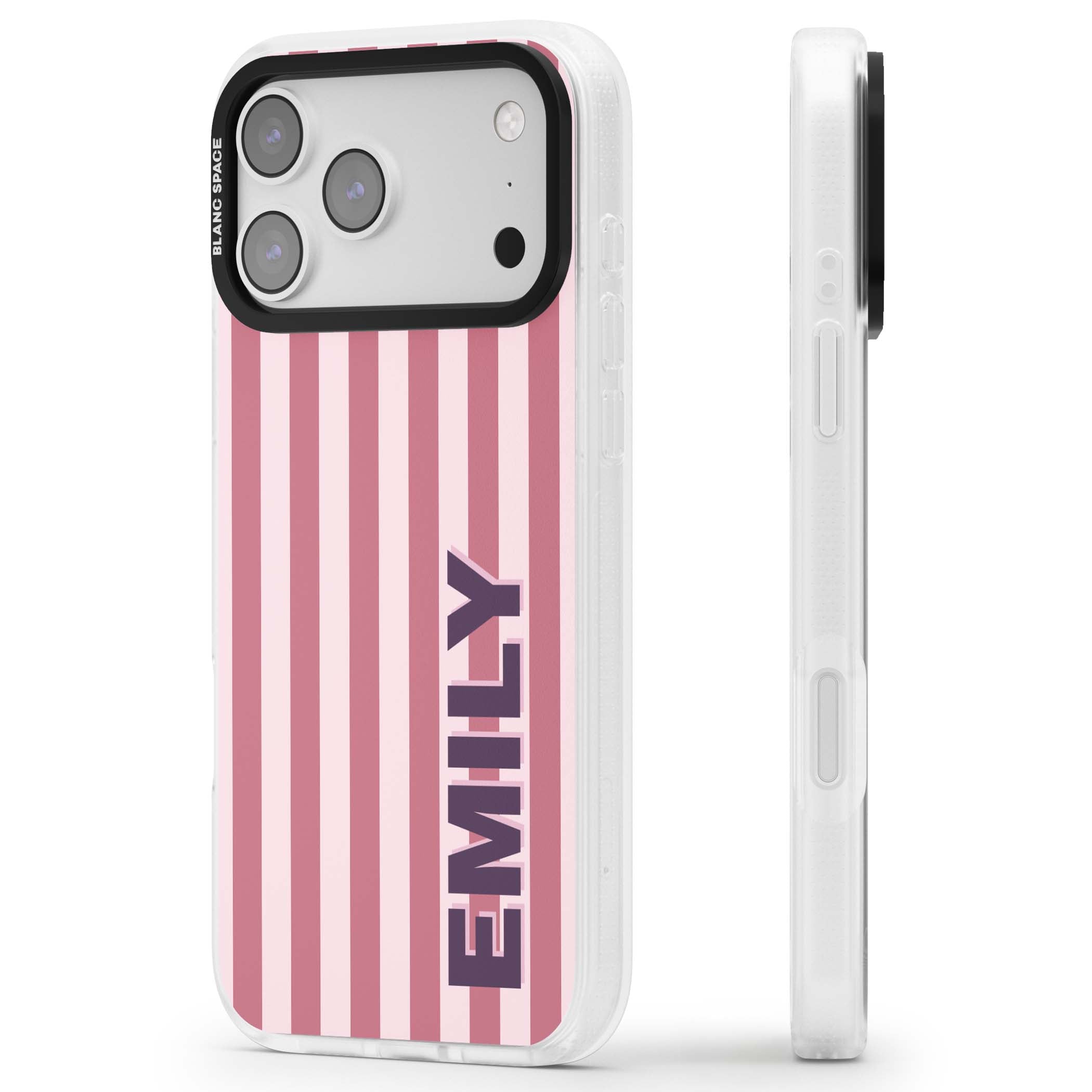 Victoria Stripe personalised iPhone case featuring pink vertical stripes and custom name in bold plum lettering | Clear Case Impact Air case for iPhone 17 Pro, iPhone 17 Pro Max