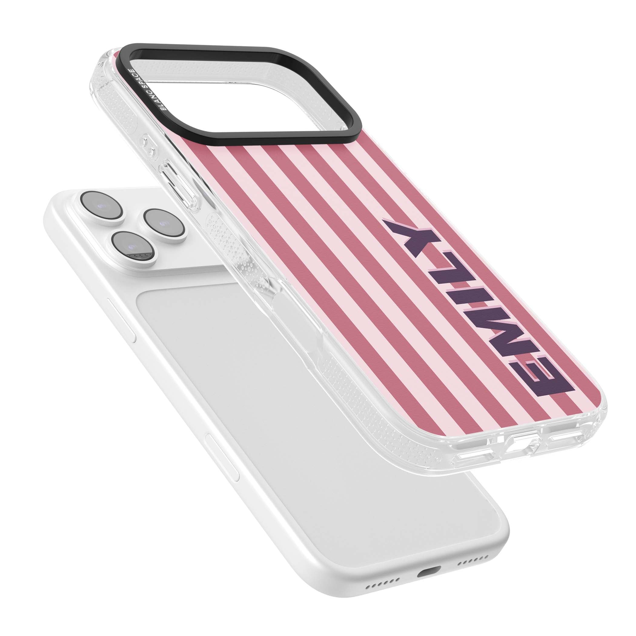 Victoria Stripe personalised iPhone case featuring pink vertical stripes and custom name in bold plum lettering | Clear Case Impact Air case for iPhone 17 Pro, iPhone 17 Pro Max