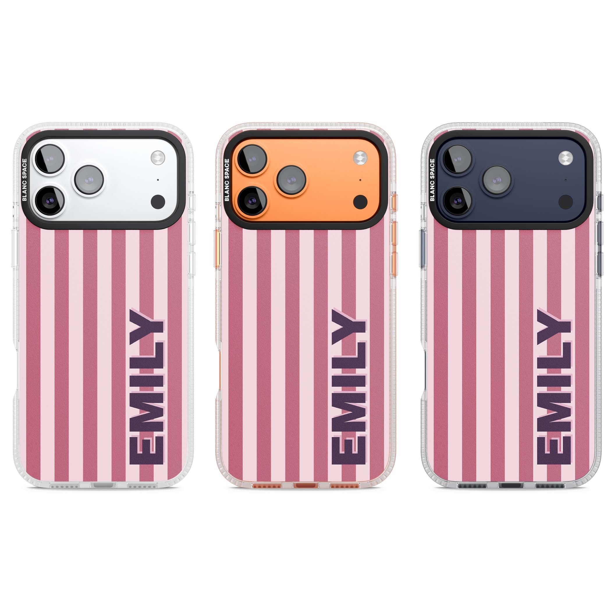 Victoria Stripe personalised iPhone case featuring pink vertical stripes and custom name in bold plum lettering | Clear Case Impact Air case for iPhone 17 Pro, iPhone 17 Pro Max