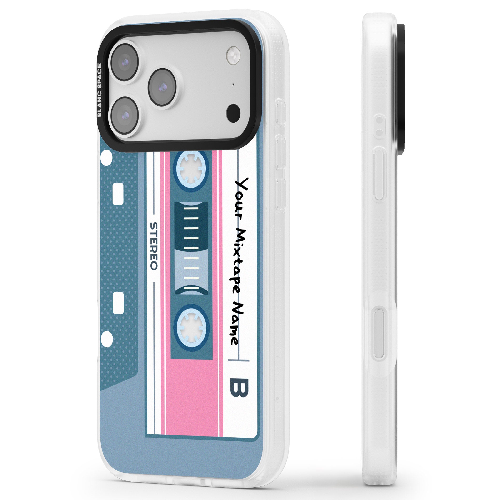Personalised Retro Cassette Mixtape iPhone 17 Pro Impact Air Clear Phone Case Side Profile