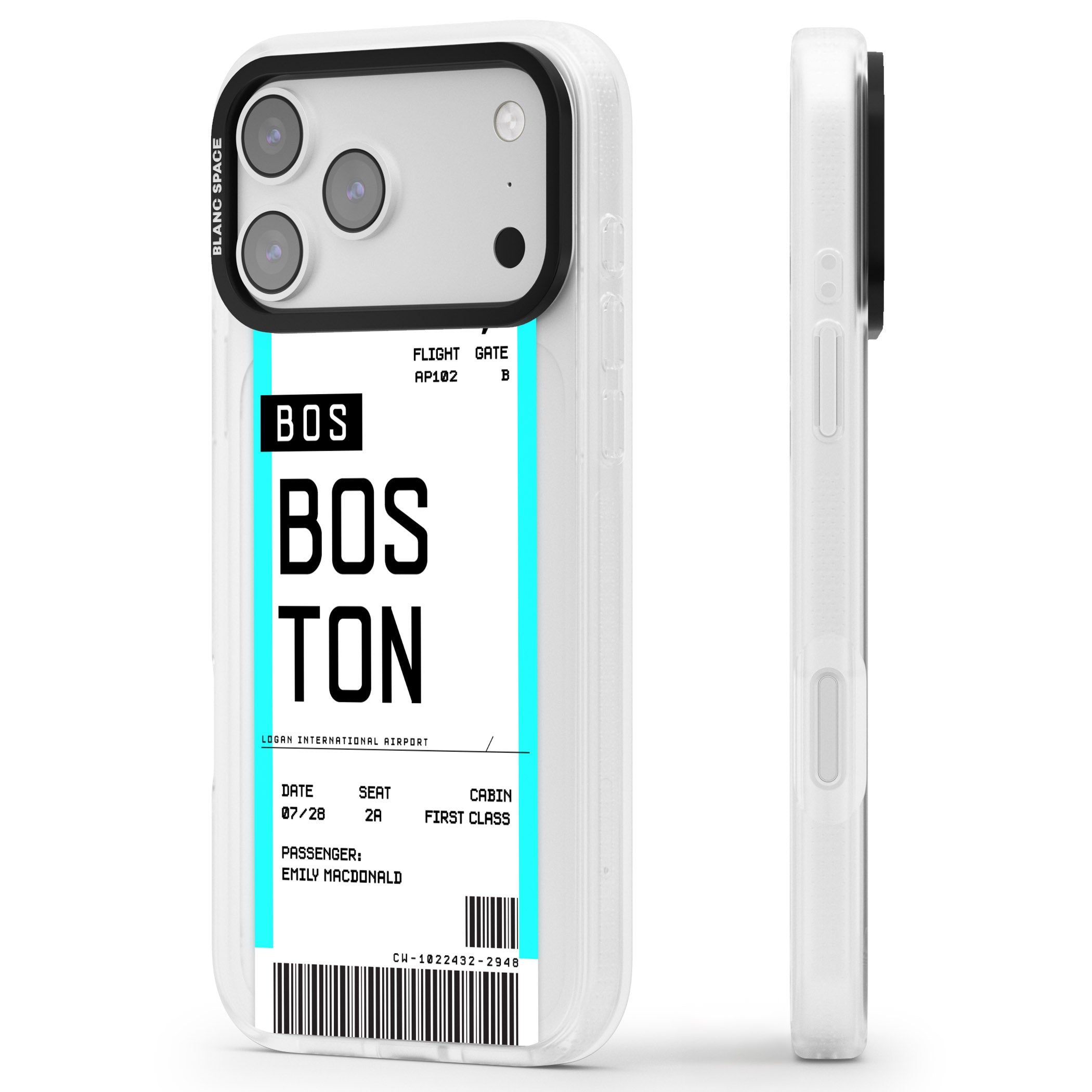 Personalised Boston Boarding Pass iPhone 17 Pro Impact Air Clear Phone Case Side Profile
