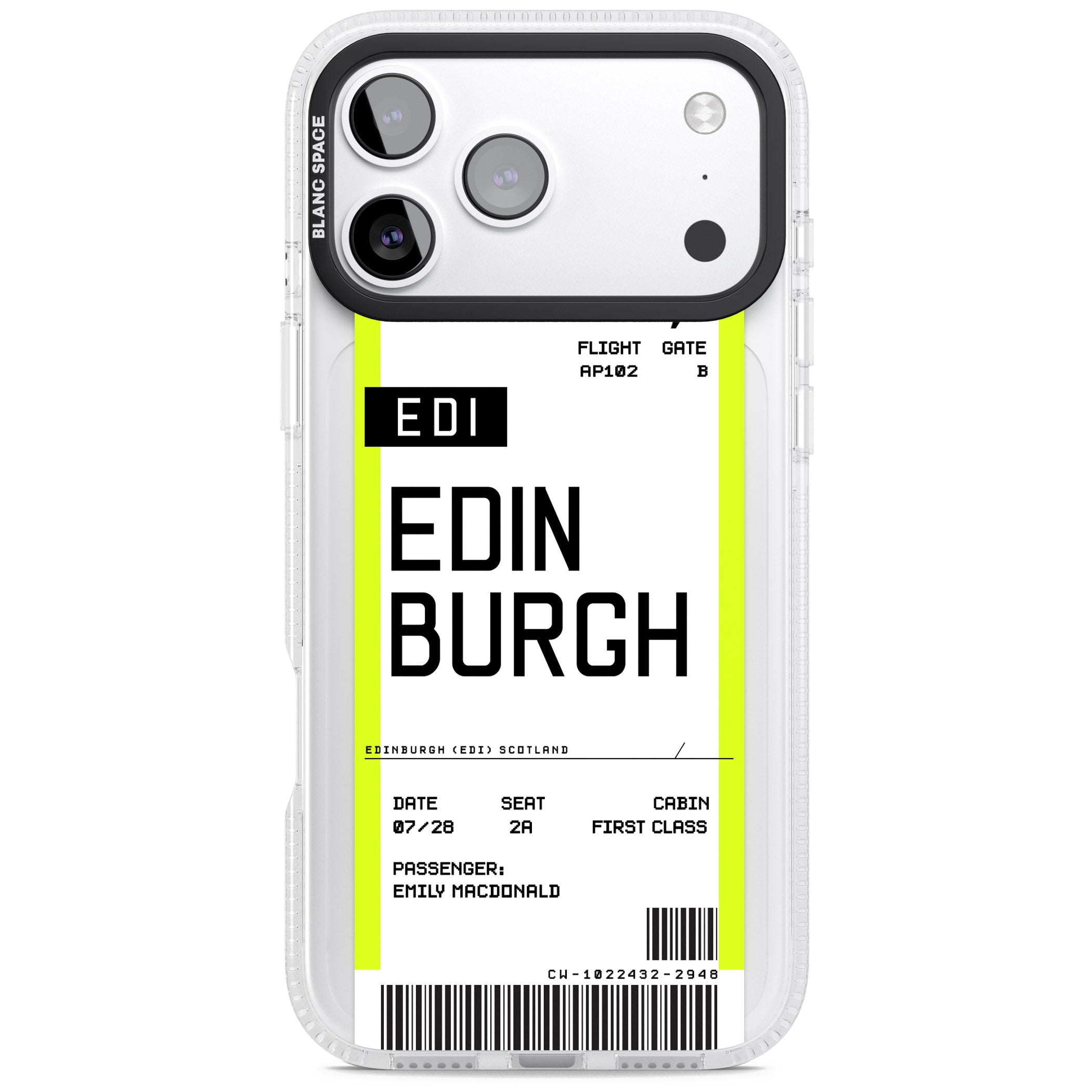 Personalised Edinburgh Boarding Pass iPhone 17 Pro Impact Air Clear Phone Case