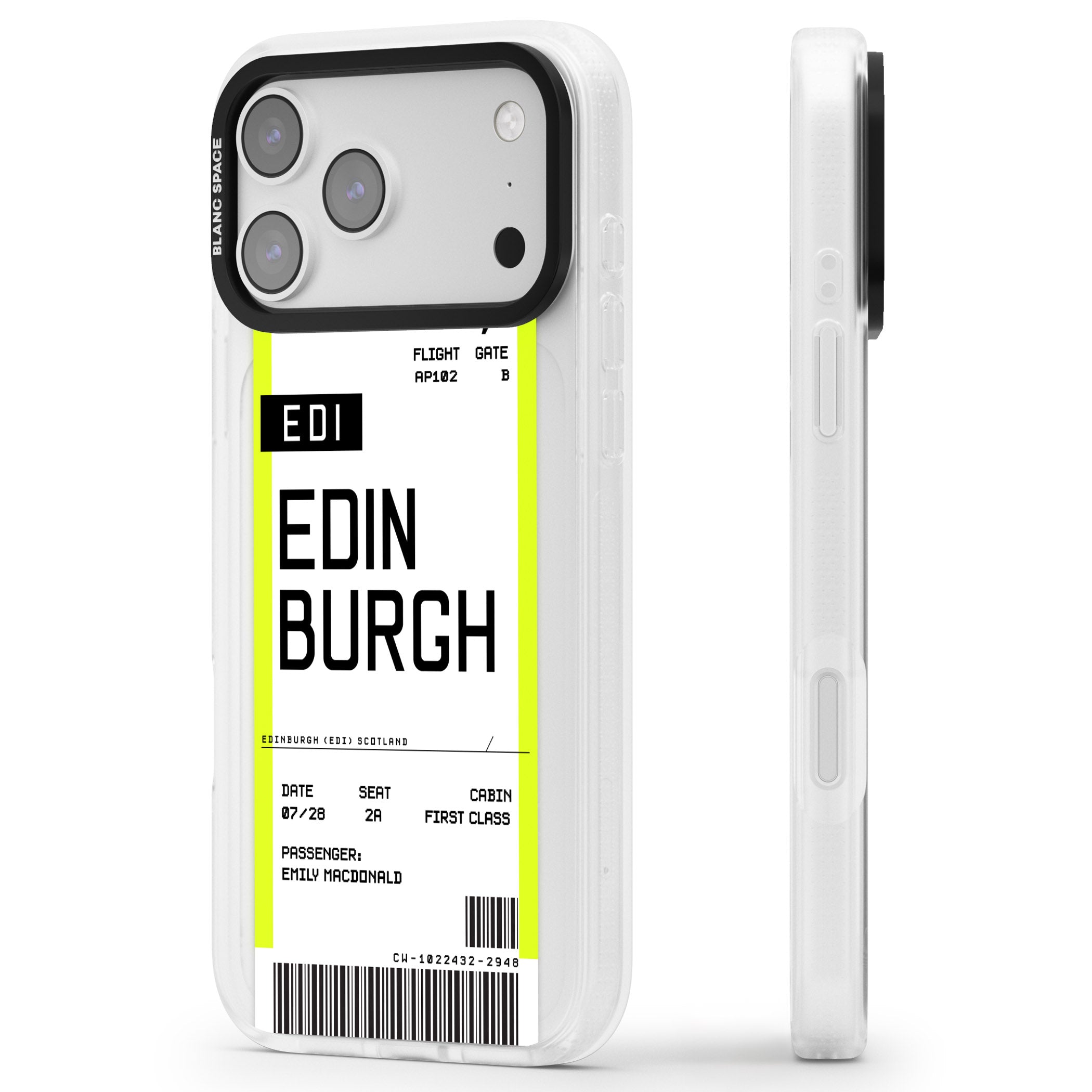 Personalised Edinburgh Boarding Pass iPhone 17 Pro Impact Air Clear Phone Case Side Profile