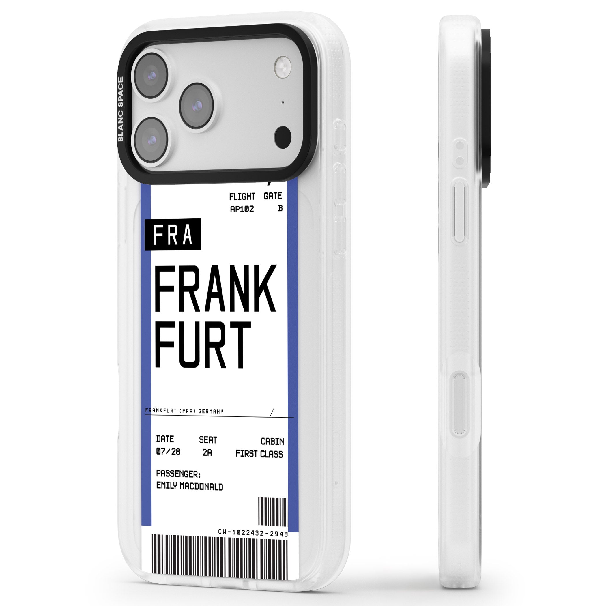 Personalised Frankfurt Boarding Pass iPhone 17 Pro Impact Air Clear Phone Case Side Profile