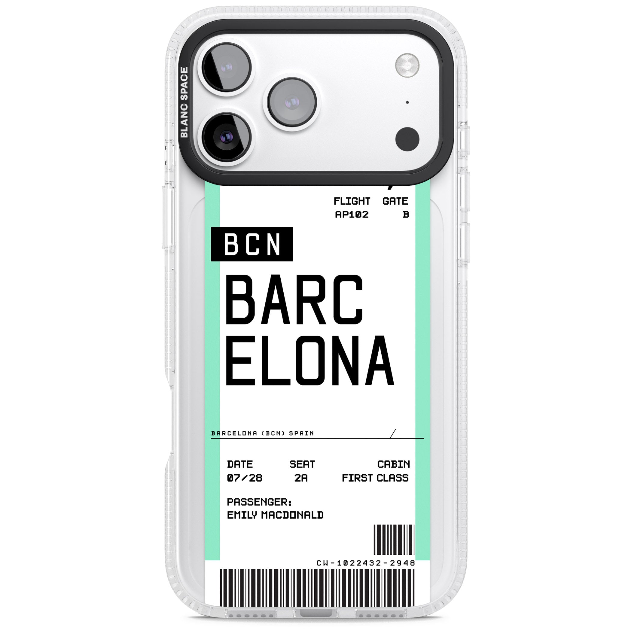 Personalised Barcelona Boarding Pass iPhone 17 Pro Impact Air Clear Phone Case