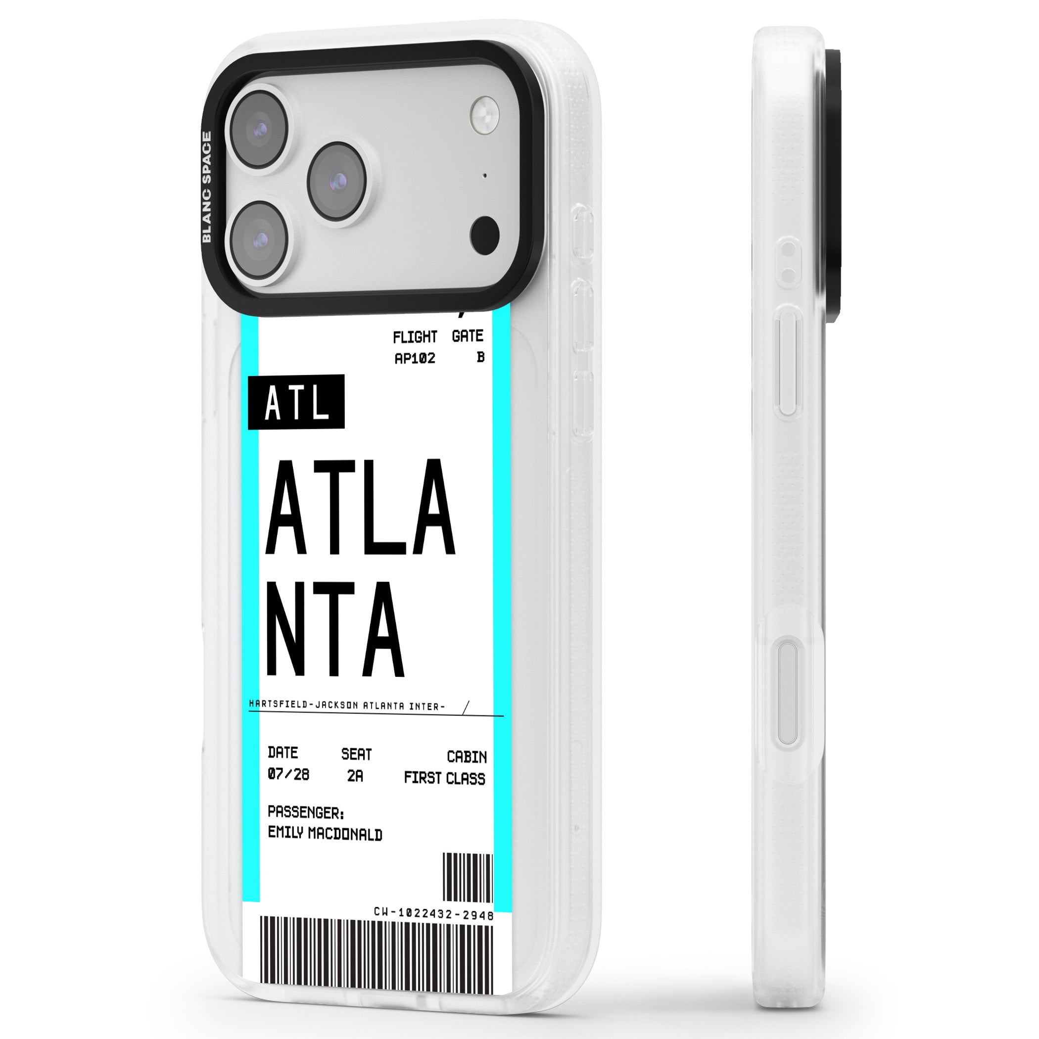 Personalised Atlanta Boarding Pass iPhone 17 Pro Impact Air Clear Phone Case Side Profile