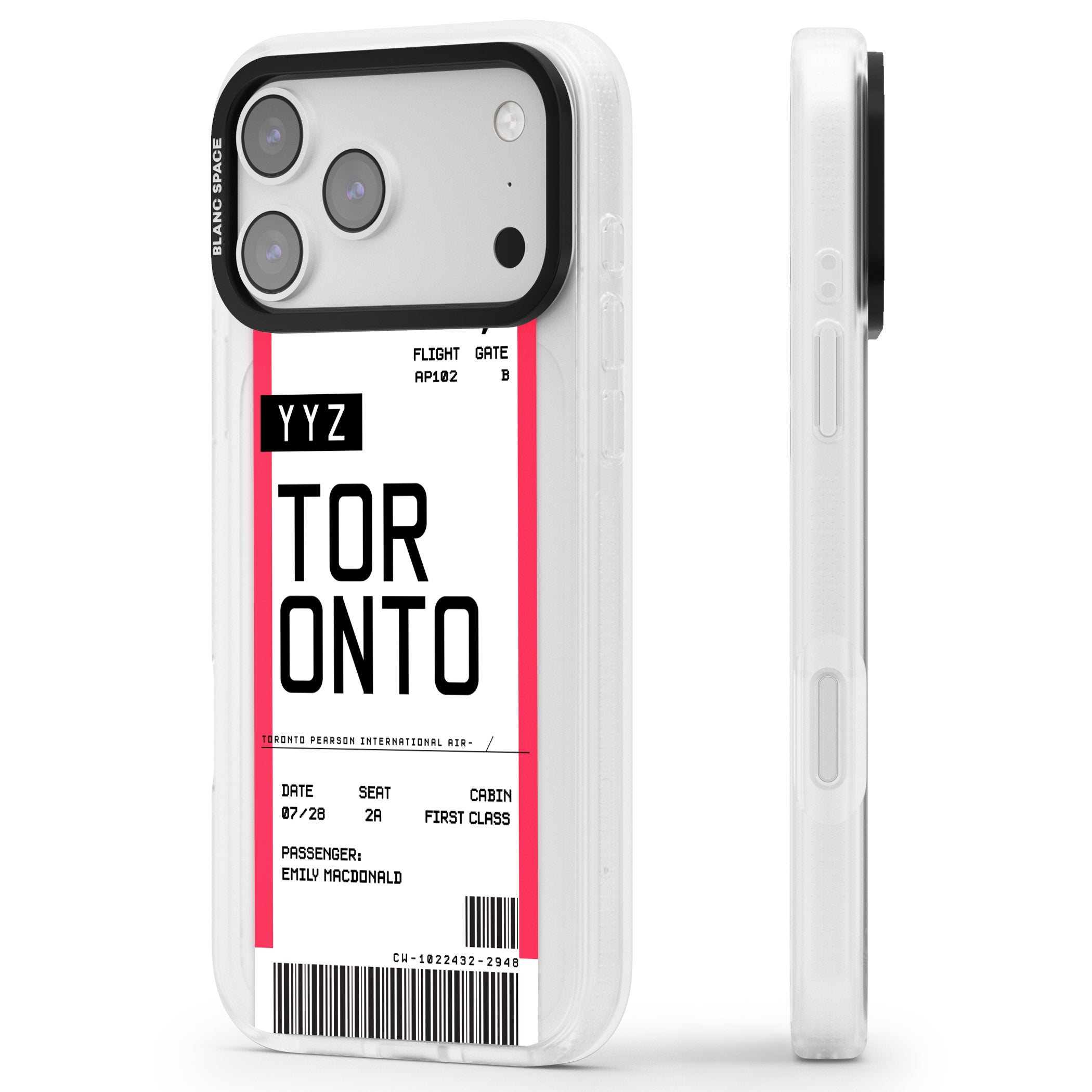 Personalised Toronto Boarding Pass iPhone 17 Pro Impact Air Clear Phone Case Side Profile