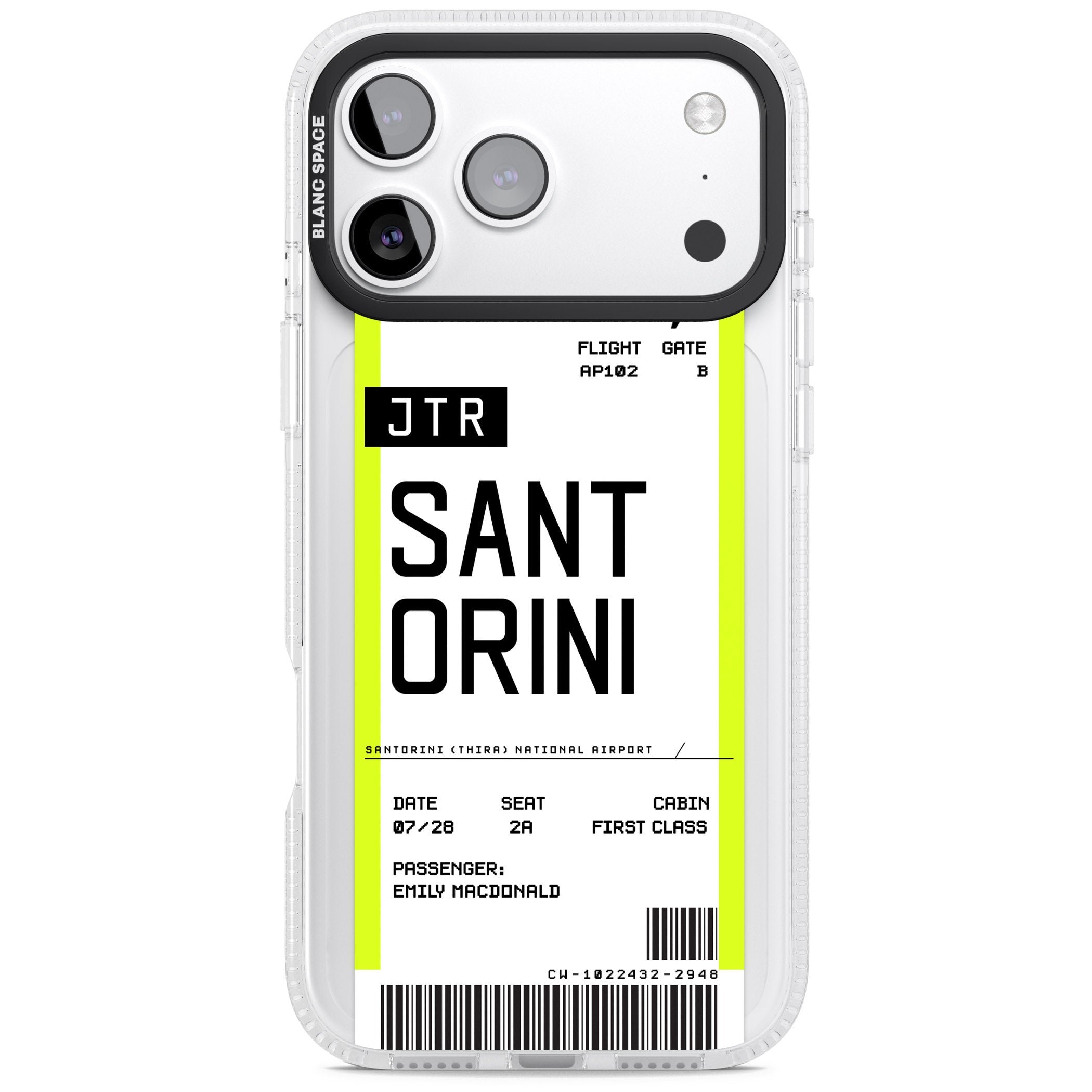 Personalised Santorini Boarding Pass iPhone 17 Pro Impact Air Clear Phone Case