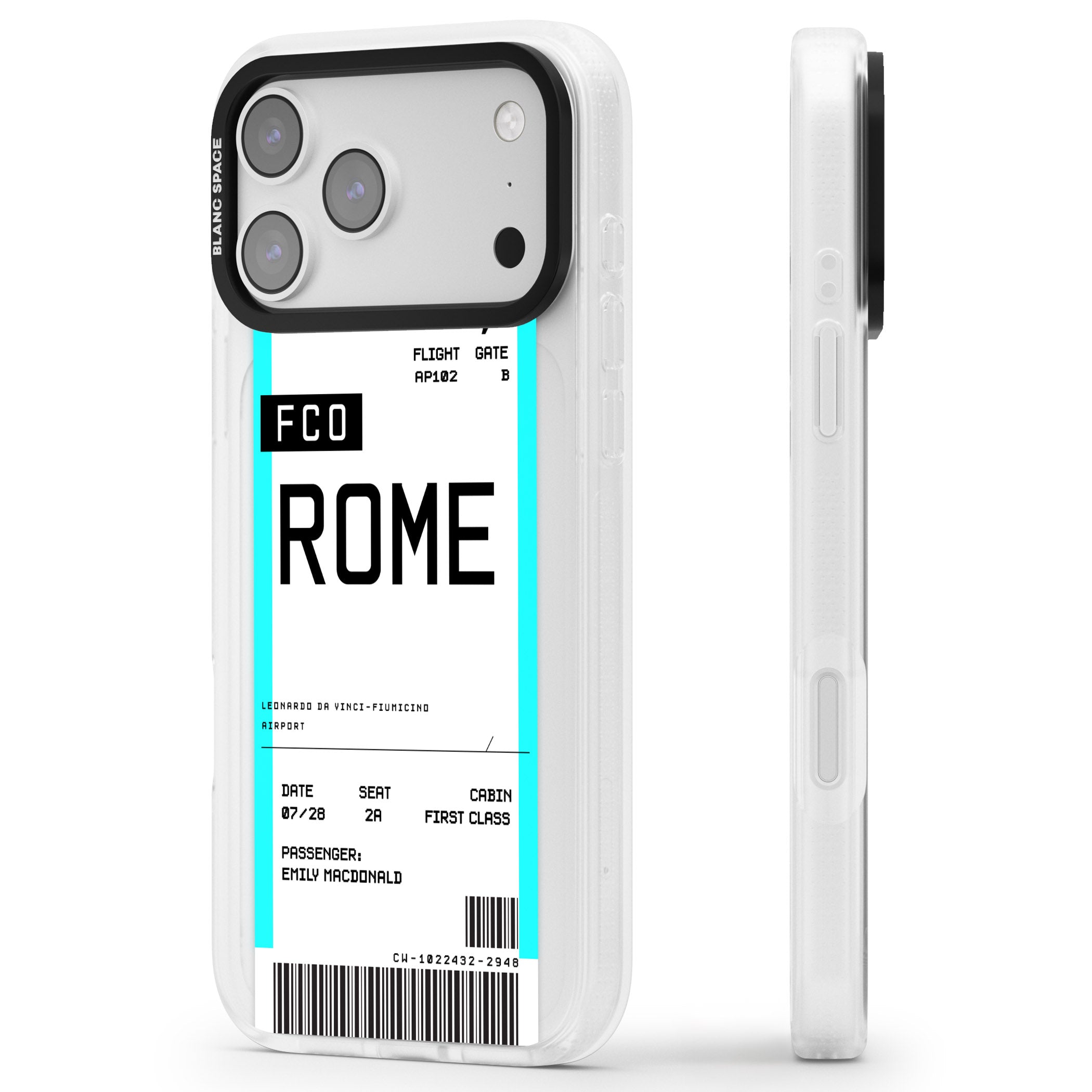 Personalised Rome Boarding Pass iPhone 17 Pro Impact Air Clear Phone Case Side Profile