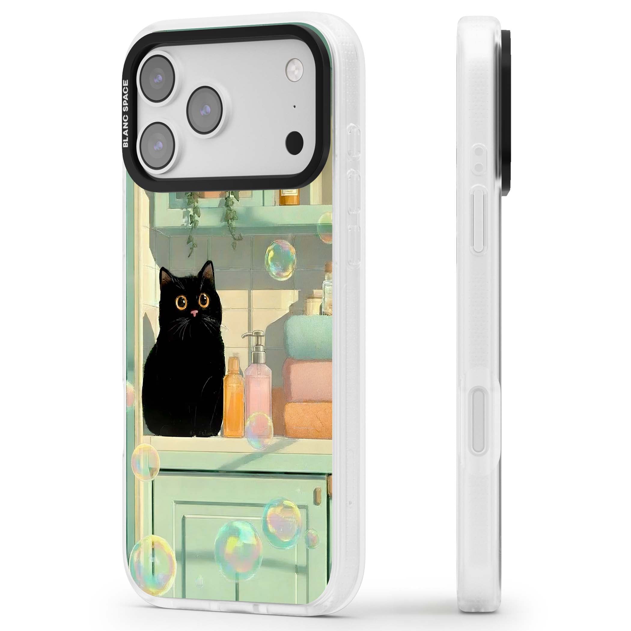 Bathroom Bubble Kitty cottagecore iPhone case featuring a black cat, mint bathroom scene and floating soap bubbles | Clear Case Impact Air case for iPhone 17 Pro, iPhone 17 Pro Max