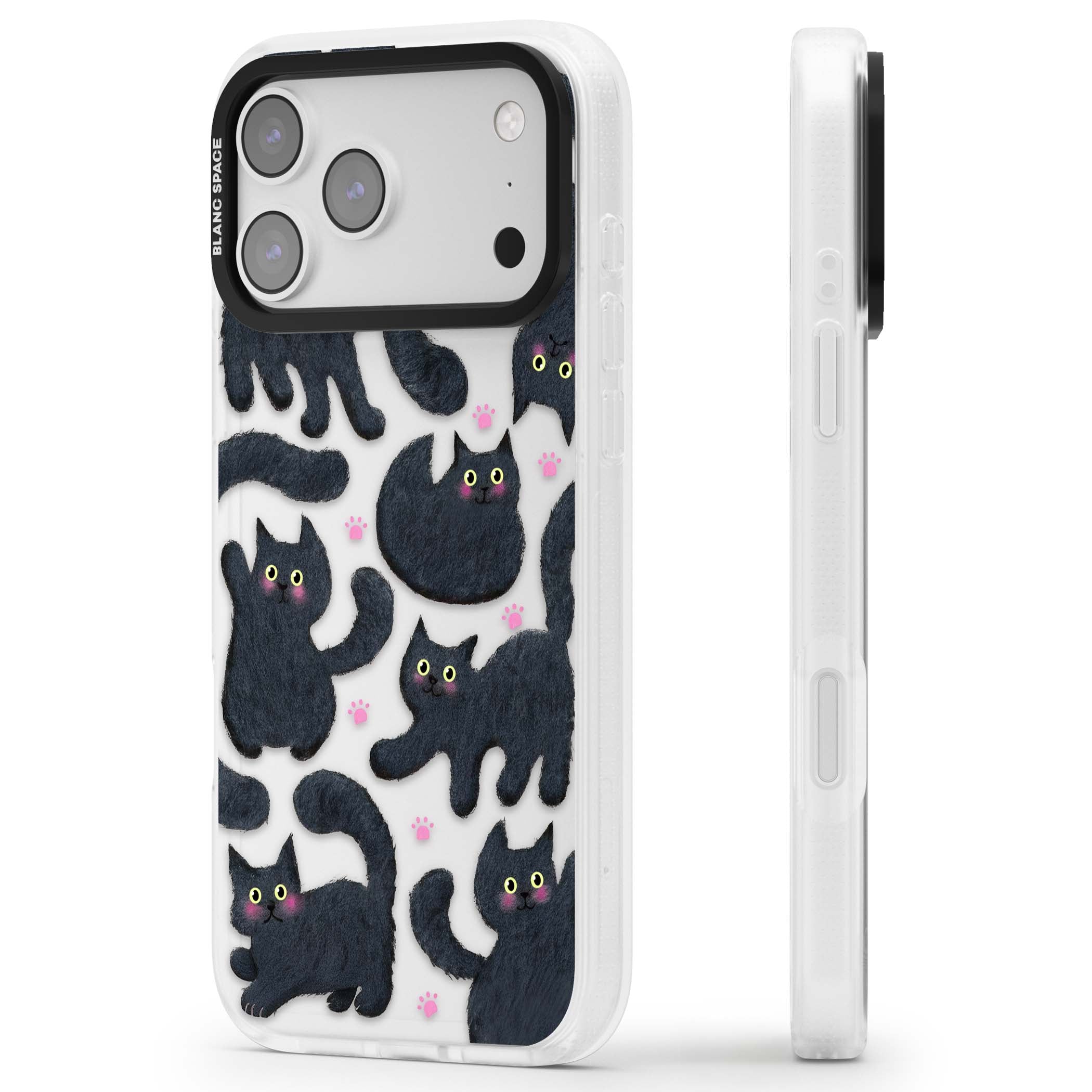 Midnight Cats cute iPhone case featuring black cat pattern with yellow eyes and pink paw prints | Clear Case Impact Air case for iPhone 17 Pro, iPhone 17 Pro Max