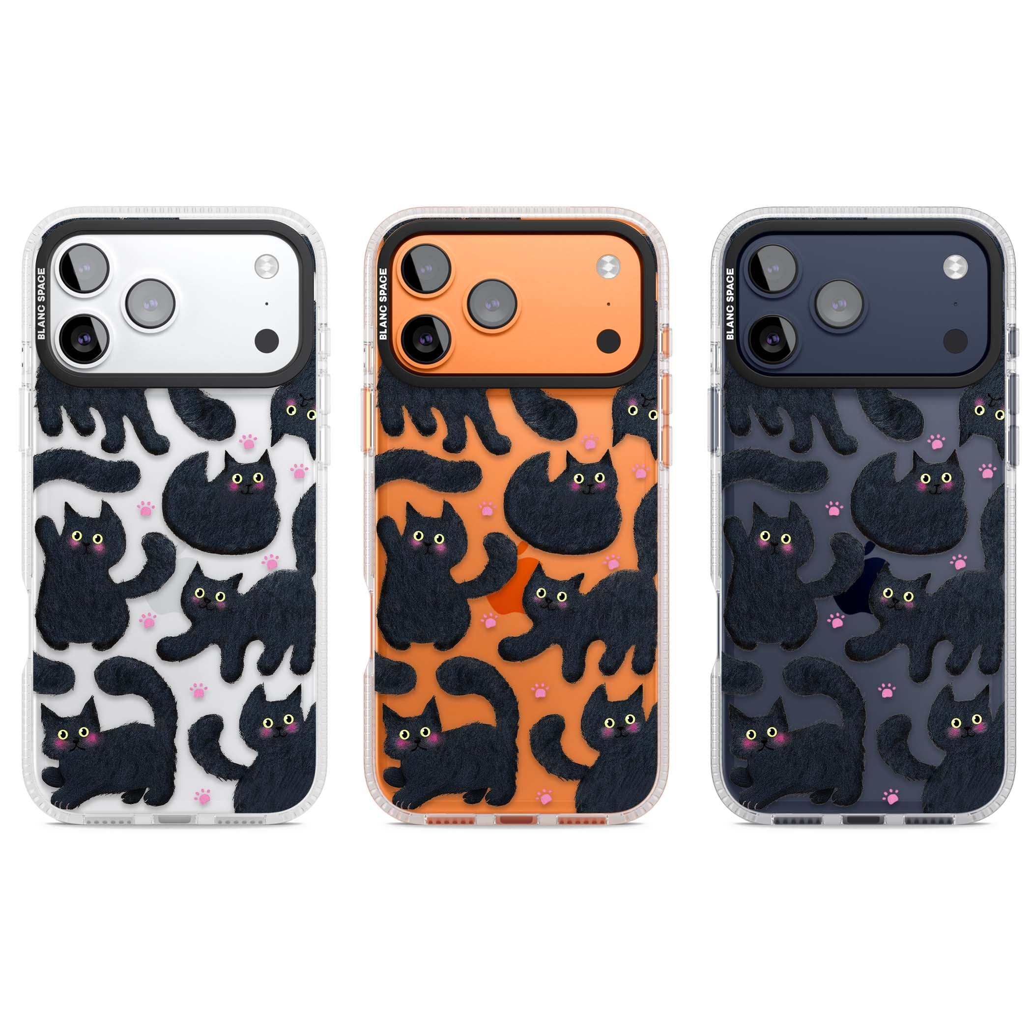 Midnight Cats cute iPhone case featuring black cat pattern with yellow eyes and pink paw prints | Clear Case Impact Air case for iPhone 17 Pro, iPhone 17 Pro Max