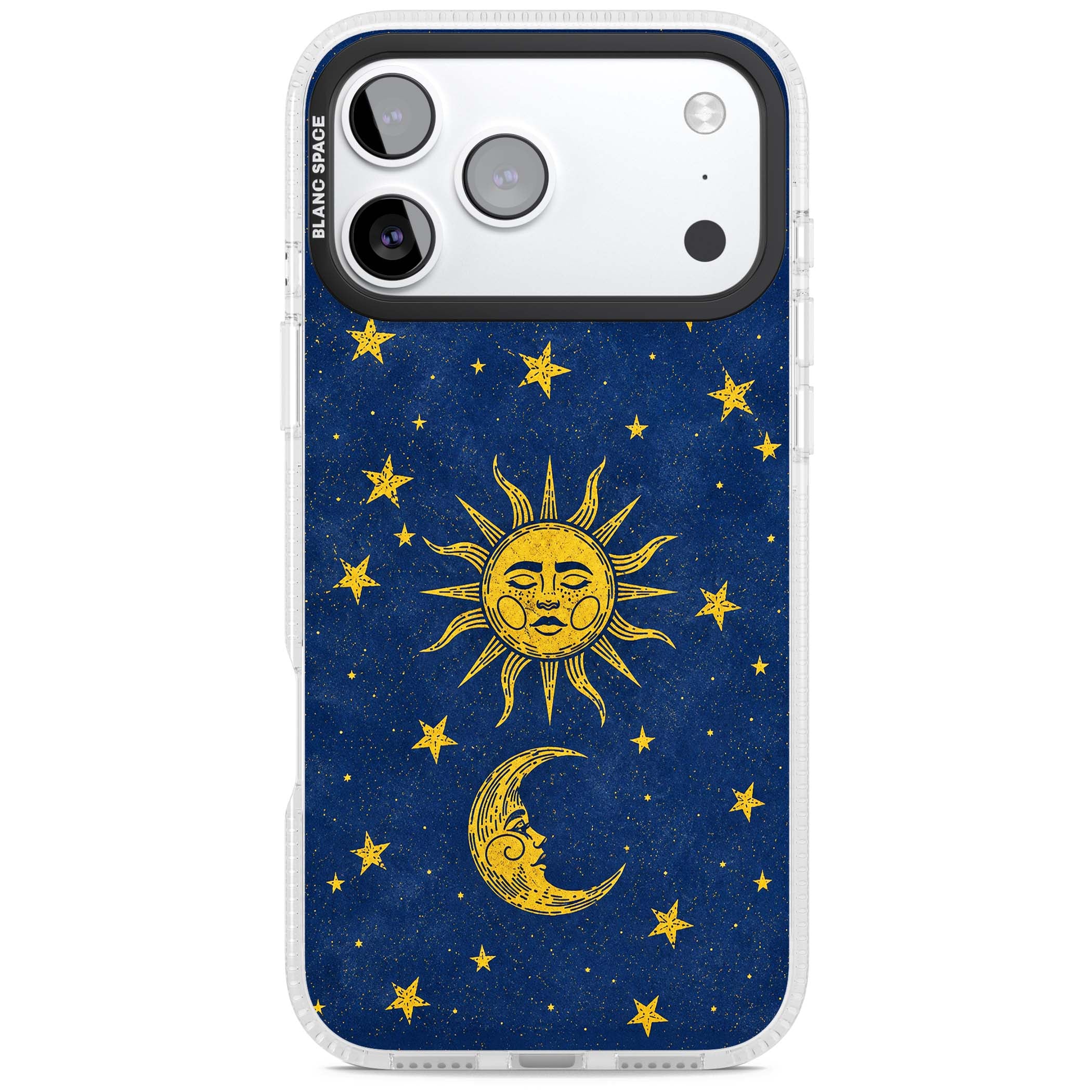 Sun & Moon Reverie celestial iPhone case featuring a vintage golden sun, crescent moon and scattered stars on midnight blue | Clear Case Impact Air case for iPhone 17 Pro, iPhone 17 Pro Max
