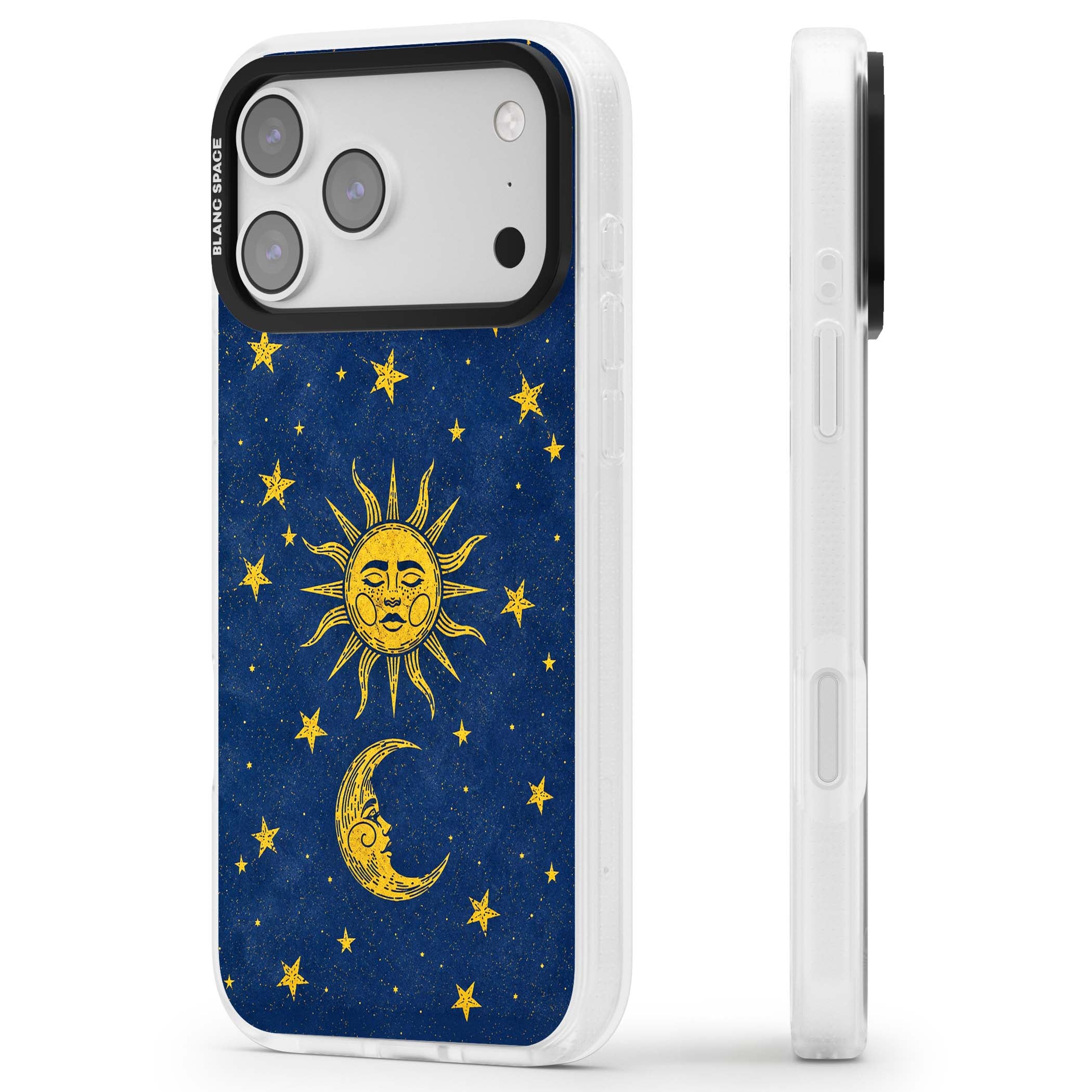 Sun & Moon Reverie celestial iPhone case featuring a vintage golden sun, crescent moon and scattered stars on midnight blue | Clear Case Impact Air case for iPhone 17 Pro, iPhone 17 Pro Max