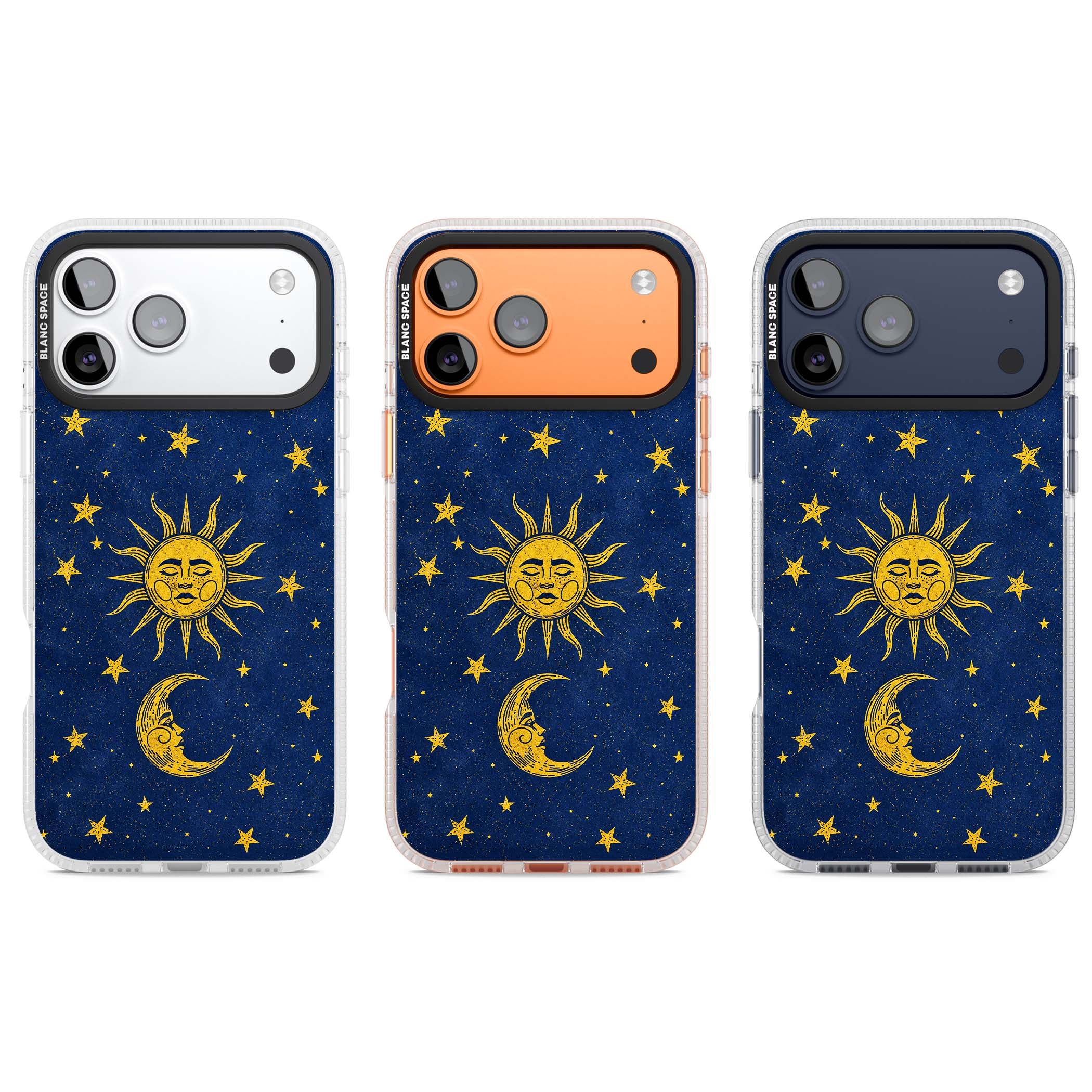 Sun & Moon Reverie celestial iPhone case featuring a vintage golden sun, crescent moon and scattered stars on midnight blue | Clear Case Impact Air case for iPhone 17 Pro, iPhone 17 Pro Max
