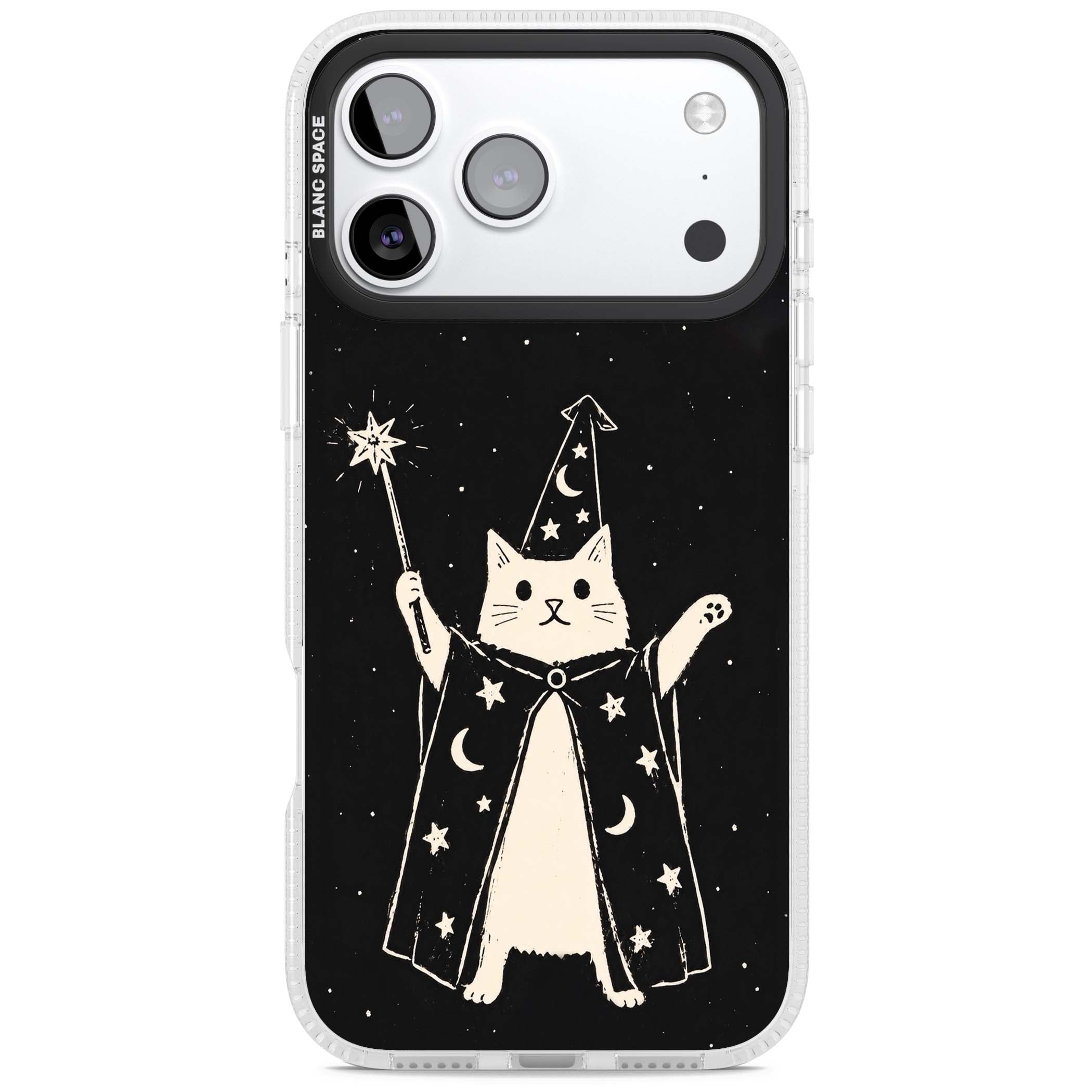 Whisker Wizard celestial cat iPhone case featuring a wizard cat with magic wand, starry night sky and crescent moons | Clear Case Impact Air case for iPhone 17 Pro, iPhone 17 Pro Max