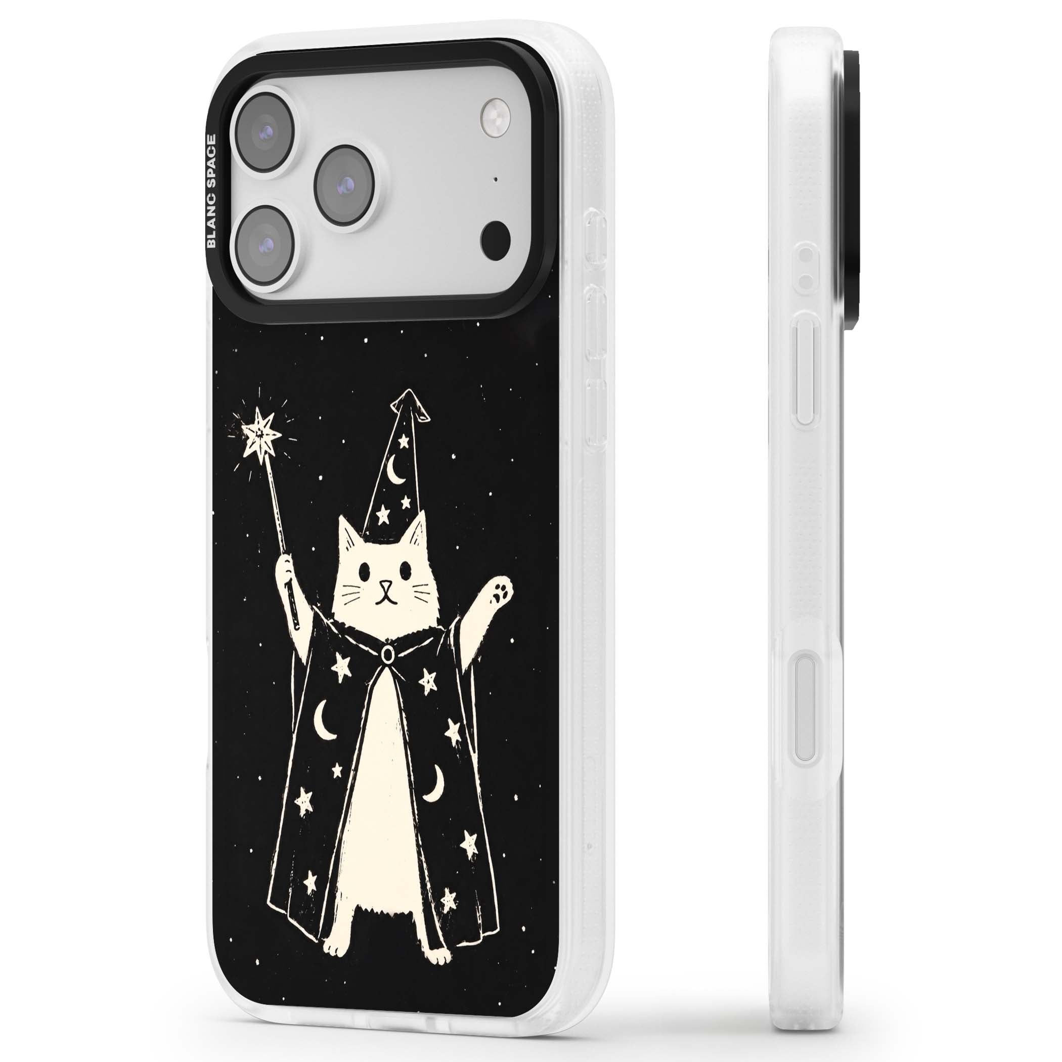Whisker Wizard celestial cat iPhone case featuring a wizard cat with magic wand, starry night sky and crescent moons | Clear Case Impact Air case for iPhone 17 Pro, iPhone 17 Pro Max