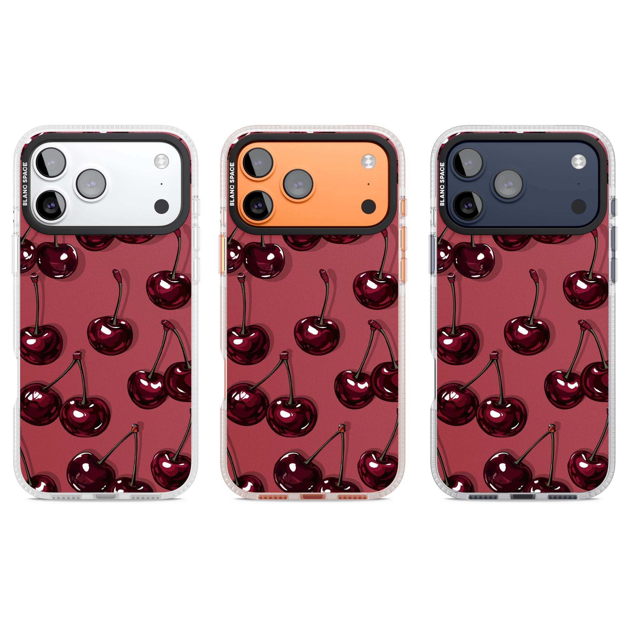 Cherry Rebel coquette iPhone case featuring glossy burgundy cherries on a dusty rose background | Clear Case Impact Air case for iPhone 17 Pro, iPhone 17 Pro Max
