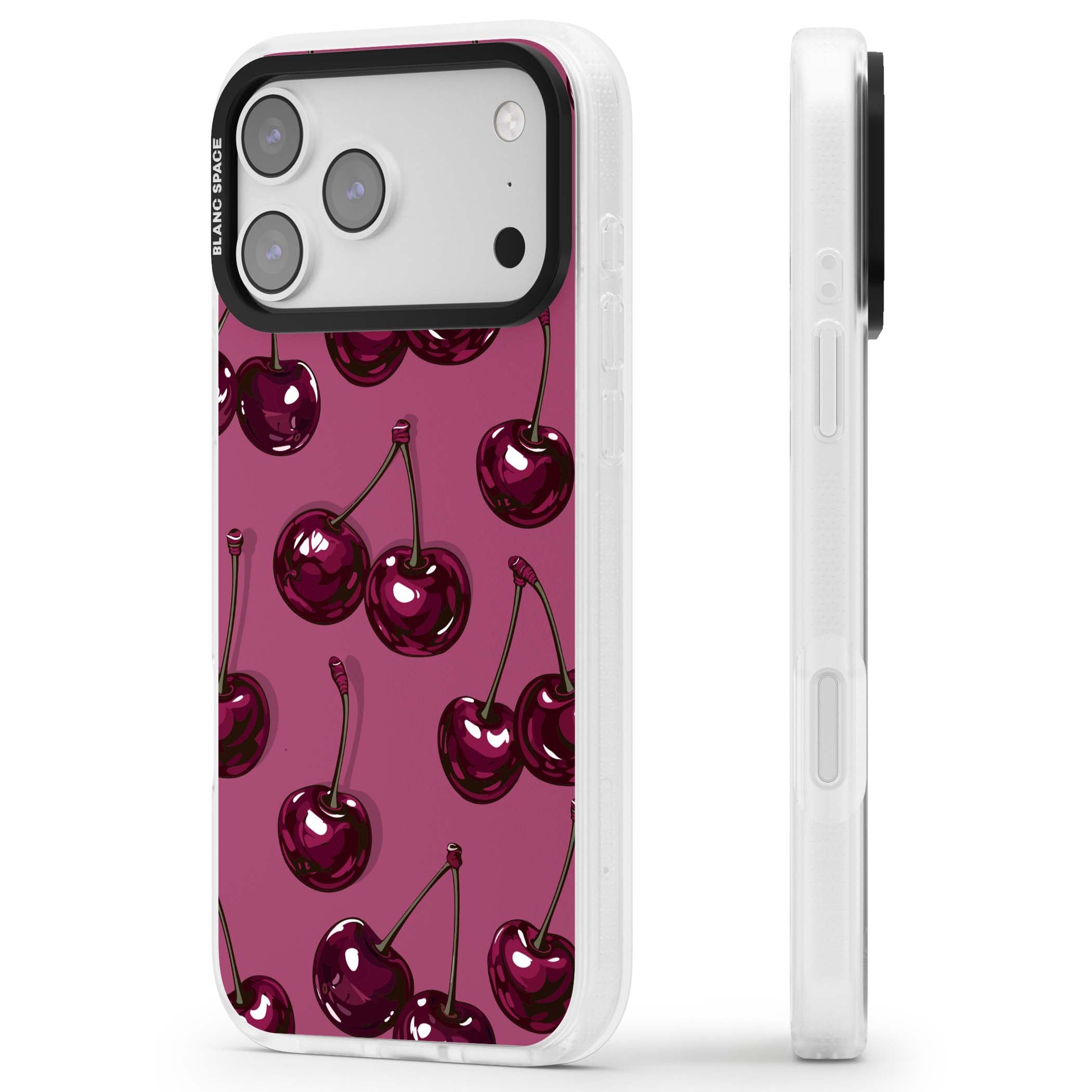 Cherry Soda coquette iPhone case featuring glossy burgundy cherries on a dusty pink background | Clear Case Impact Air case for iPhone 17 Pro, iPhone 17 Pro Max