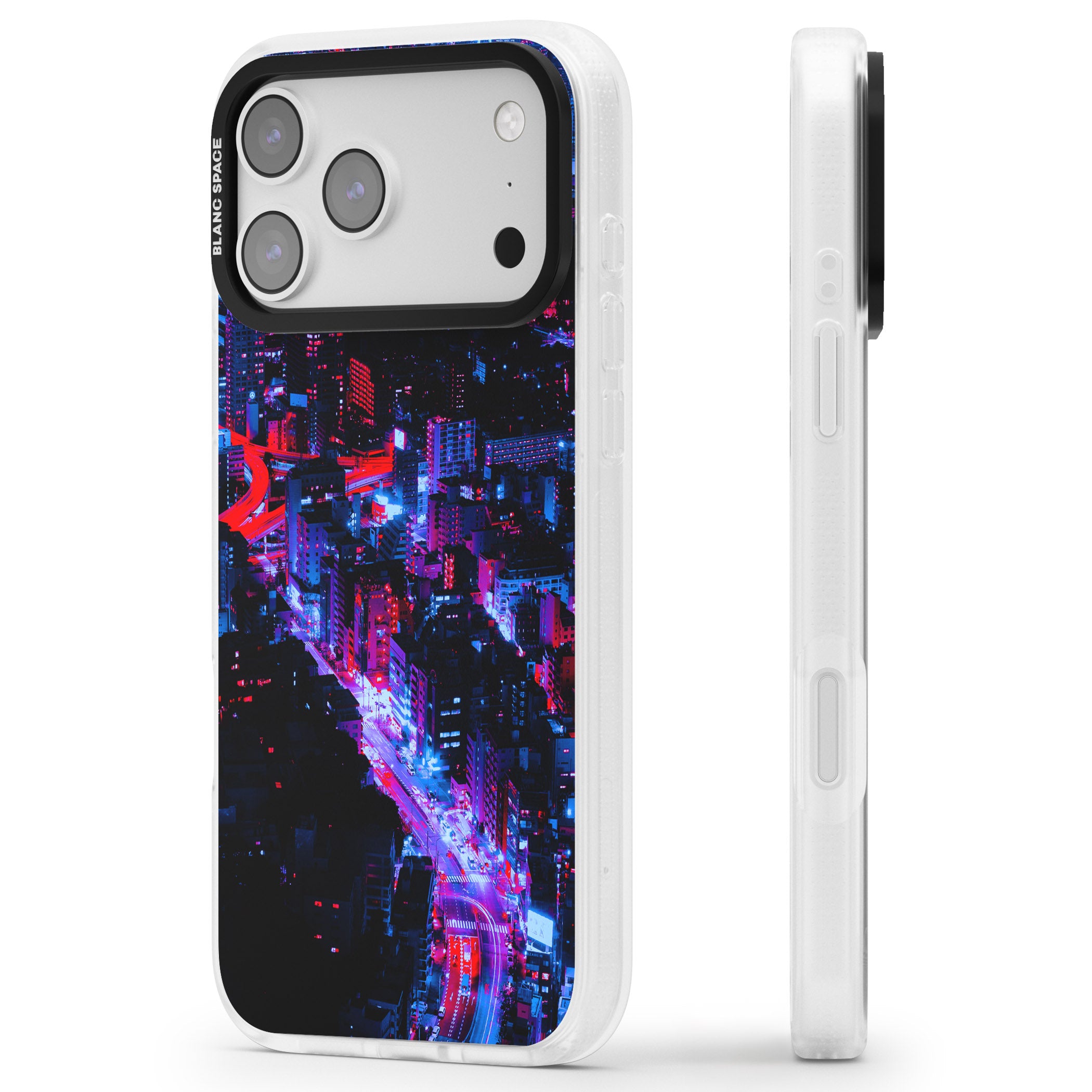 Neon Cityscape iPhone 17 Pro Impact Air Clear Phone Case Side Profile