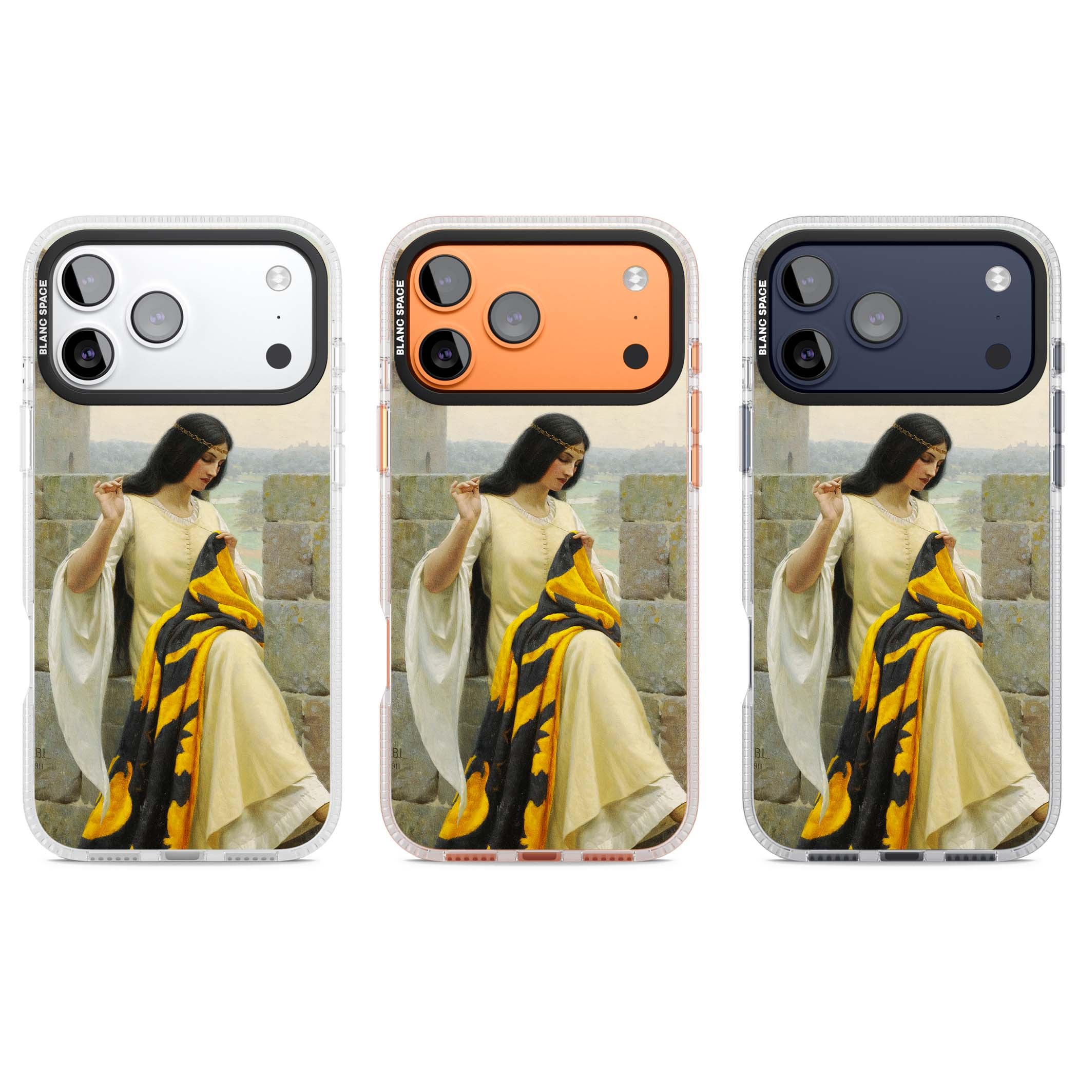 Stitching the Standard renaissance art iPhone case featuring a medieval lady sewing a golden banner on a castle wall | Clear Case Impact Air case for iPhone 17 Pro, iPhone 17 Pro Max