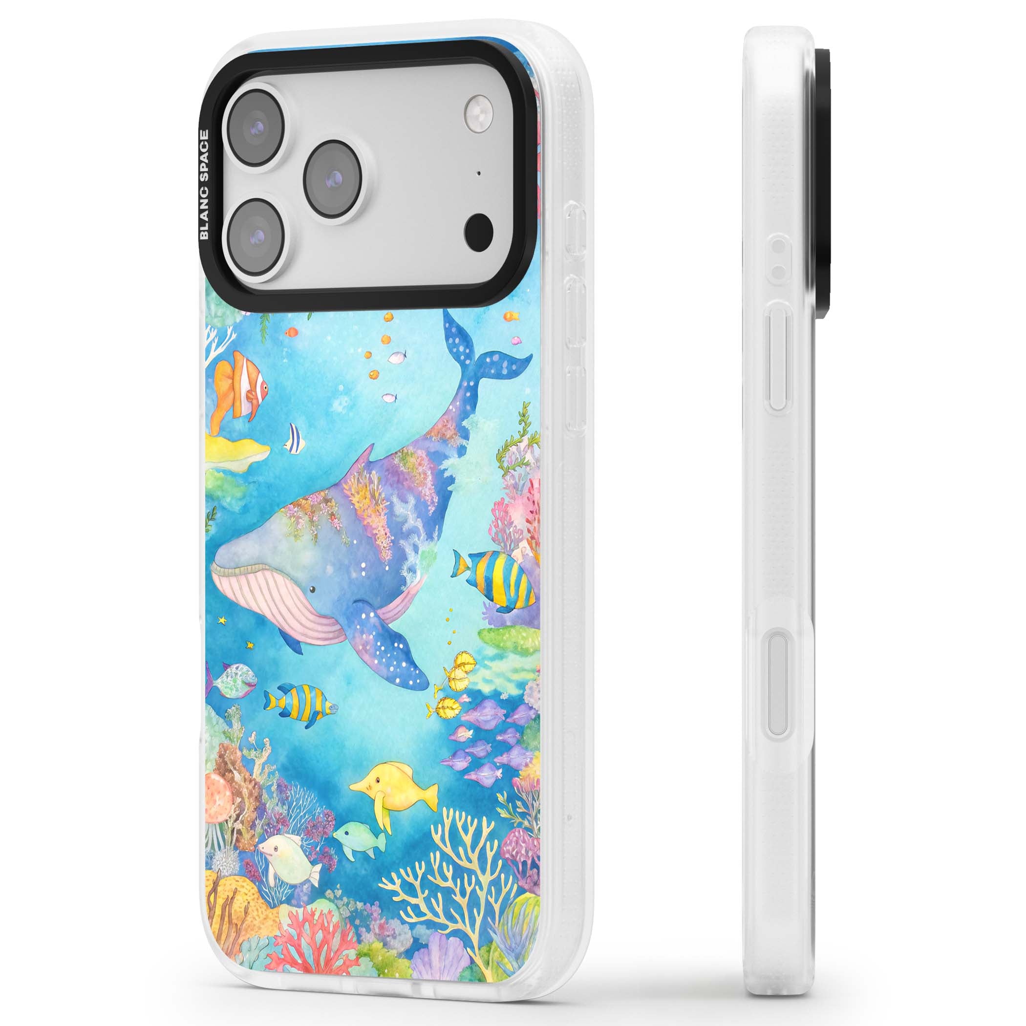 Coral Lagoon ocean iPhone case featuring a watercolour whale, coral reef and tropical fish | Clear Case Impact Air case for iPhone 17 Pro, iPhone 17 Pro Max
