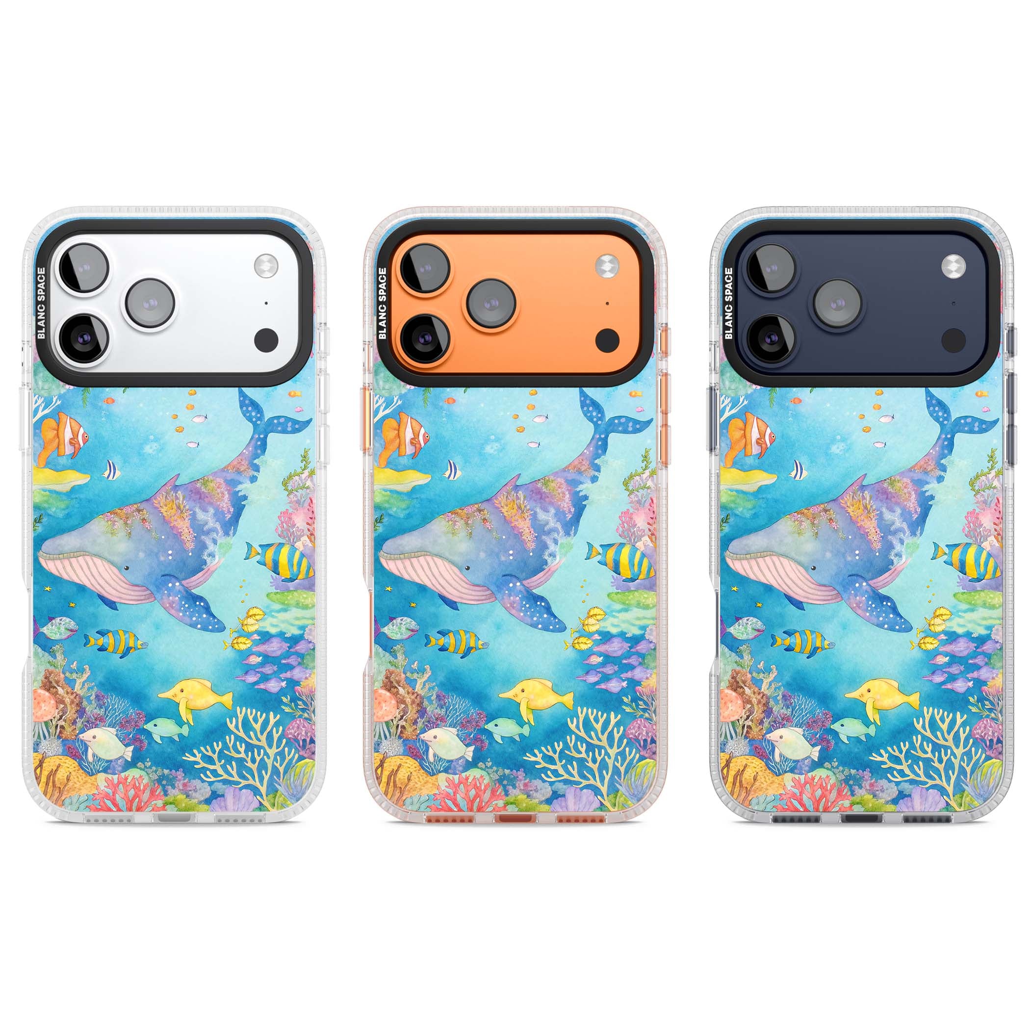 Coral Lagoon ocean iPhone case featuring a watercolour whale, coral reef and tropical fish | Clear Case Impact Air case for iPhone 17 Pro, iPhone 17 Pro Max