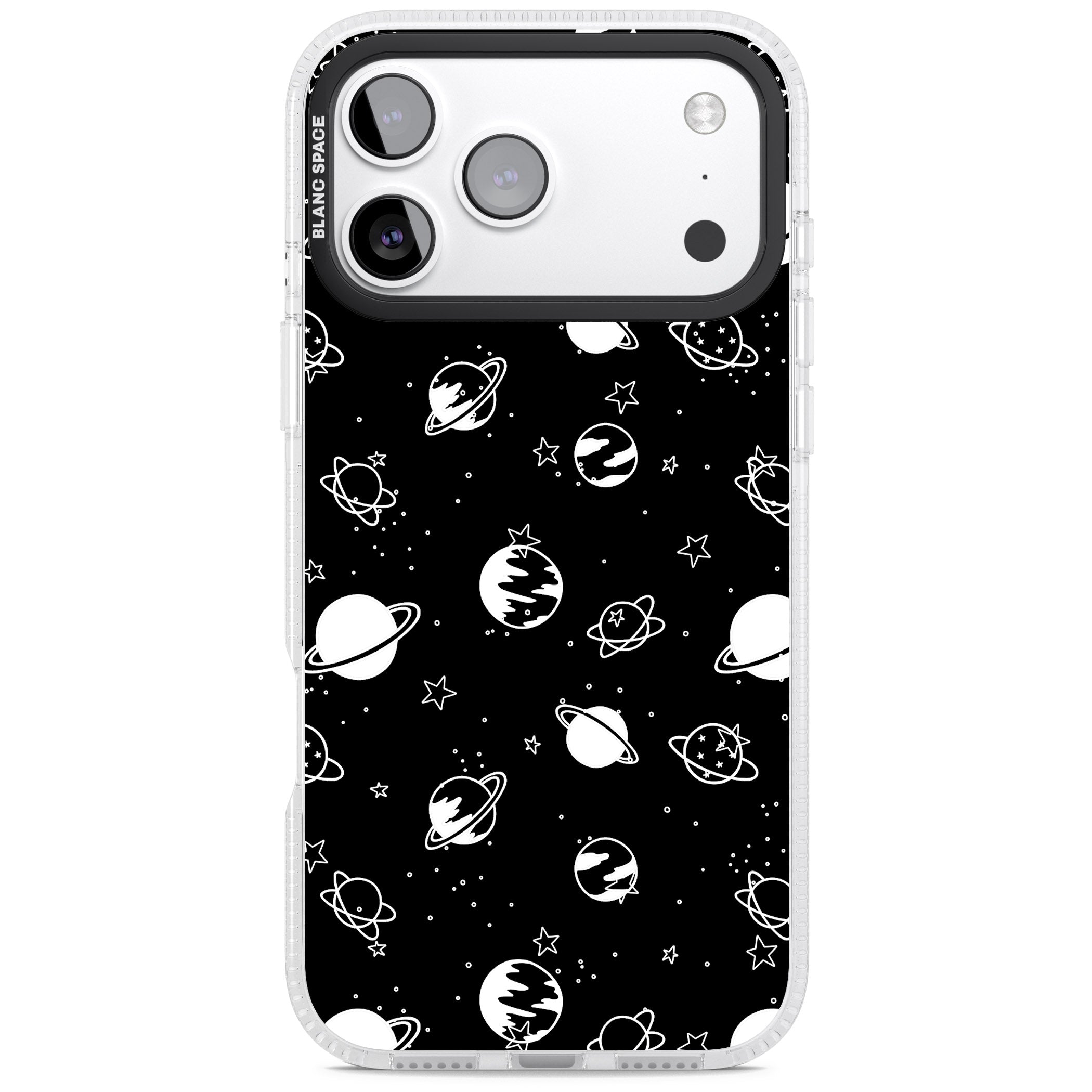White Planets On Black iPhone 17 Pro Impact Air Clear Phone Case