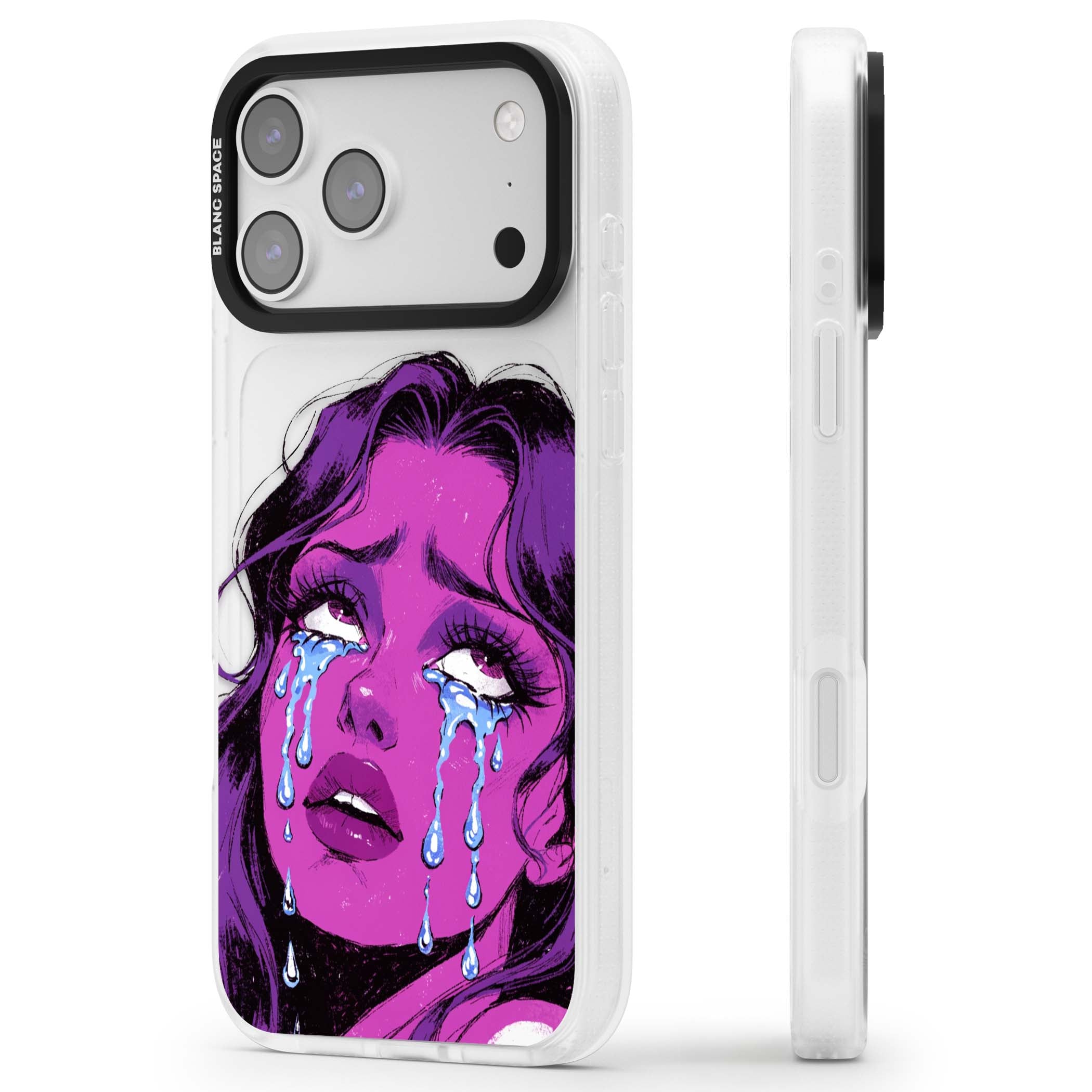Drama Queen pop art iPhone case featuring a purple crying comic girl with blue tears | Clear Case Impact Air case for iPhone 17 Pro, iPhone 17 Pro Max
