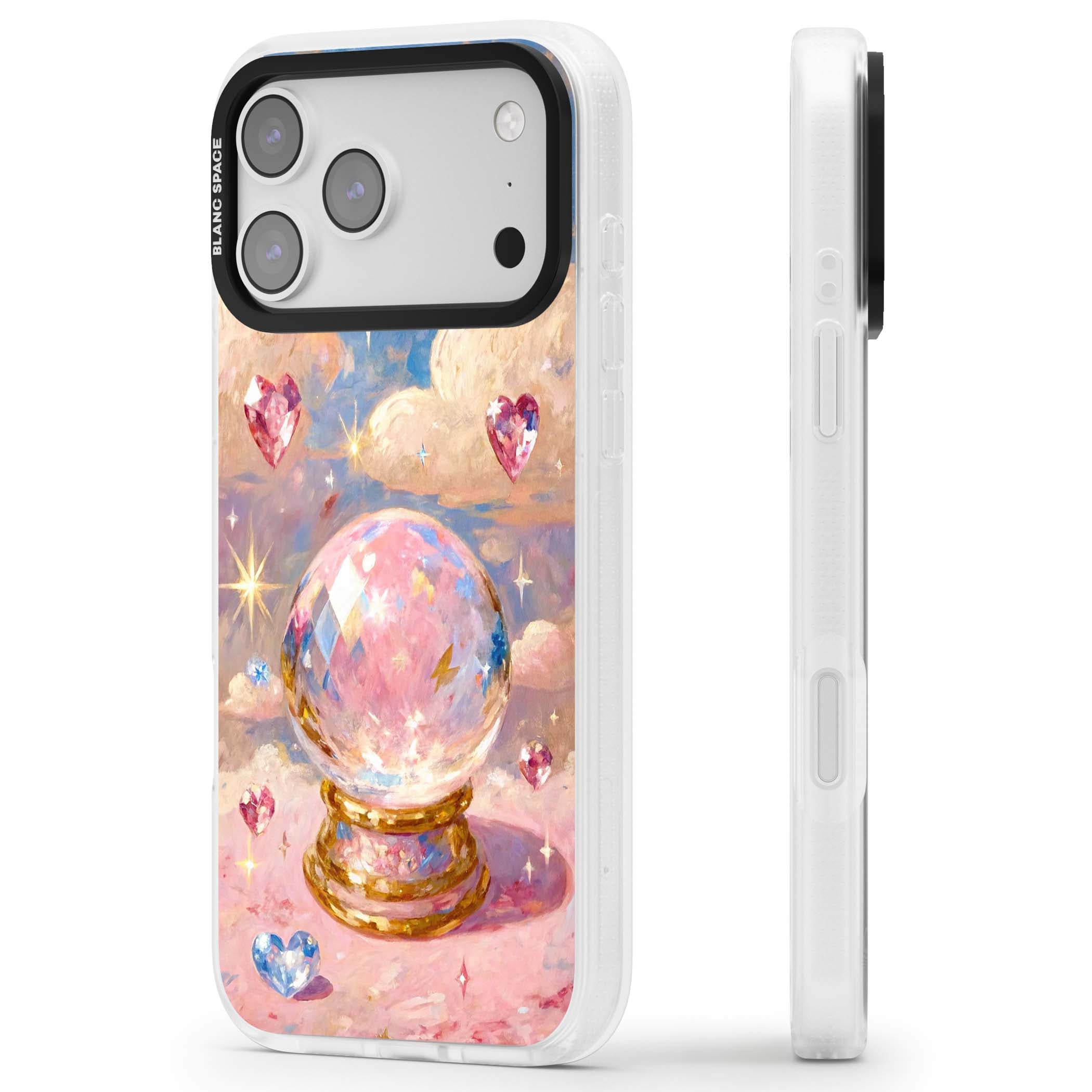 Crystal Ball fairycore iPhone case featuring a painted crystal ball, heart gemstones, and pastel clouds | Clear Case Impact Air case for iPhone 17 Pro, iPhone 17 Pro Max