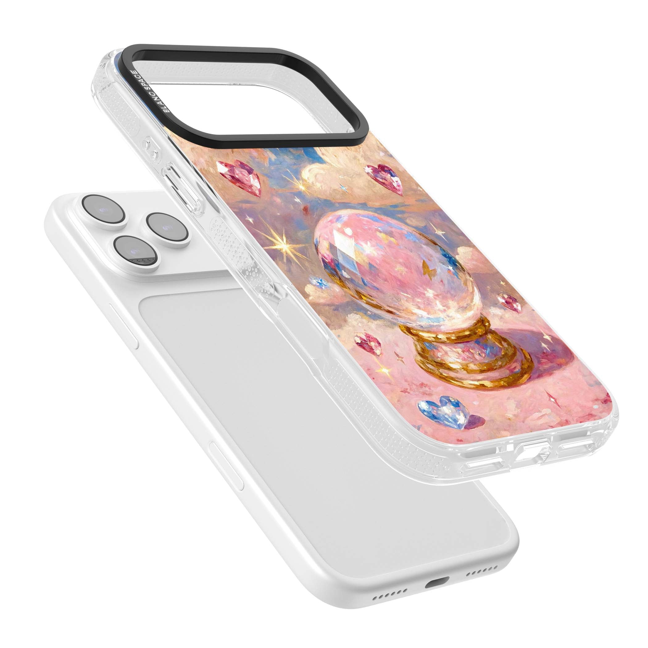 Crystal Ball fairycore iPhone case featuring a painted crystal ball, heart gemstones, and pastel clouds | Clear Case Impact Air case for iPhone 17 Pro, iPhone 17 Pro Max