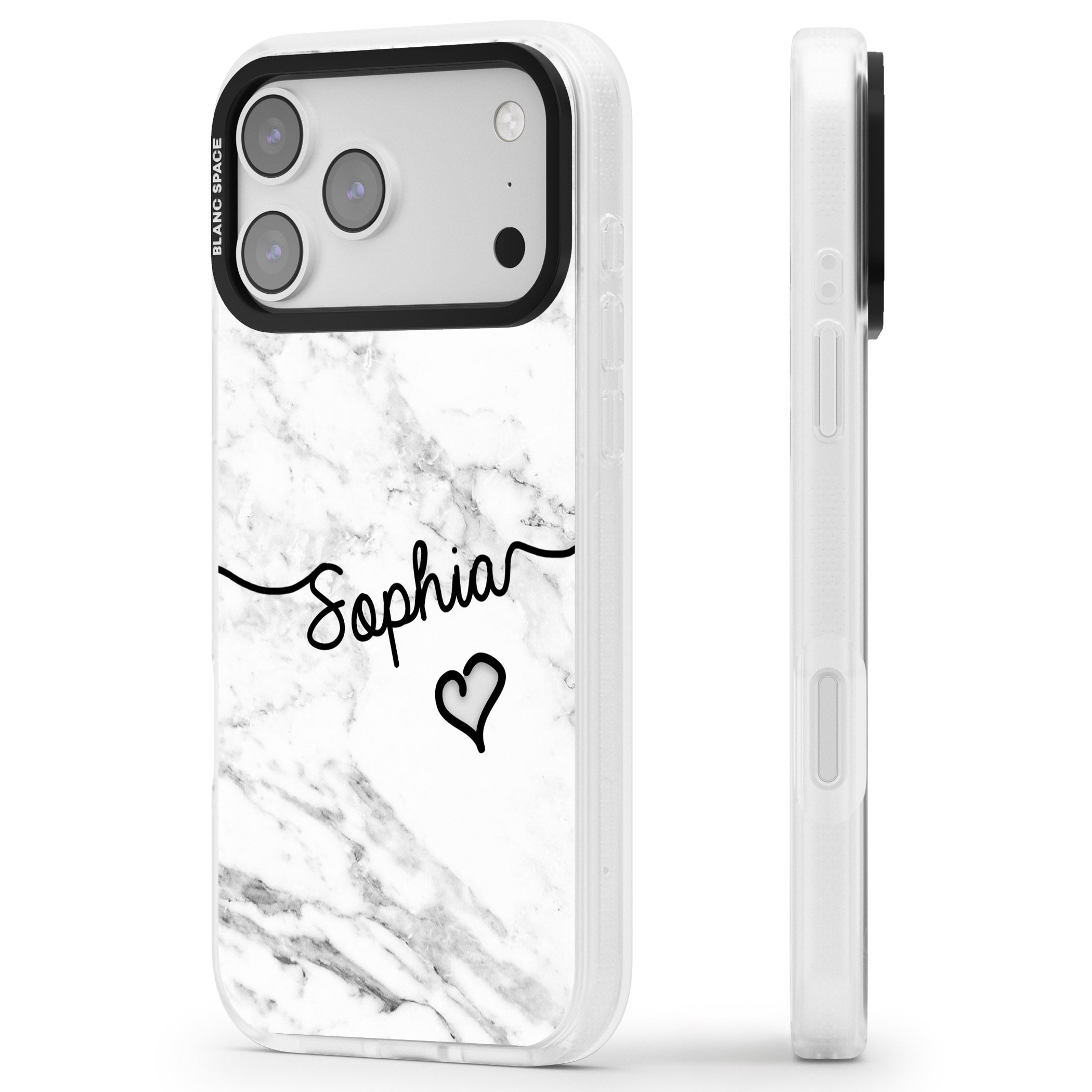Personalised White Marble Heart iPhone 17 Pro Impact Air Clear Phone Case Side Profile