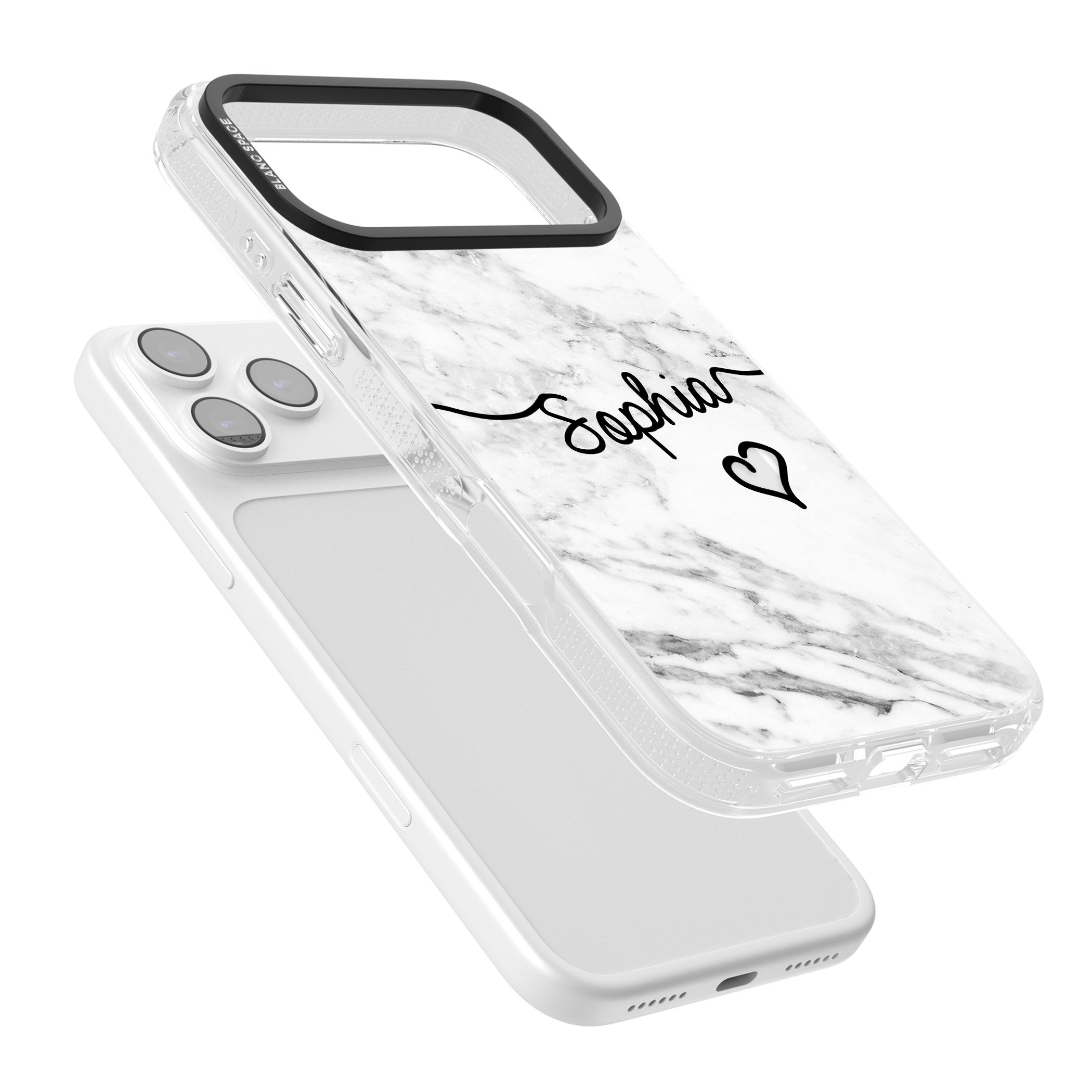 Personalised White Marble Heart iPhone 17 Pro Impact Air Clear Phone Case Colours