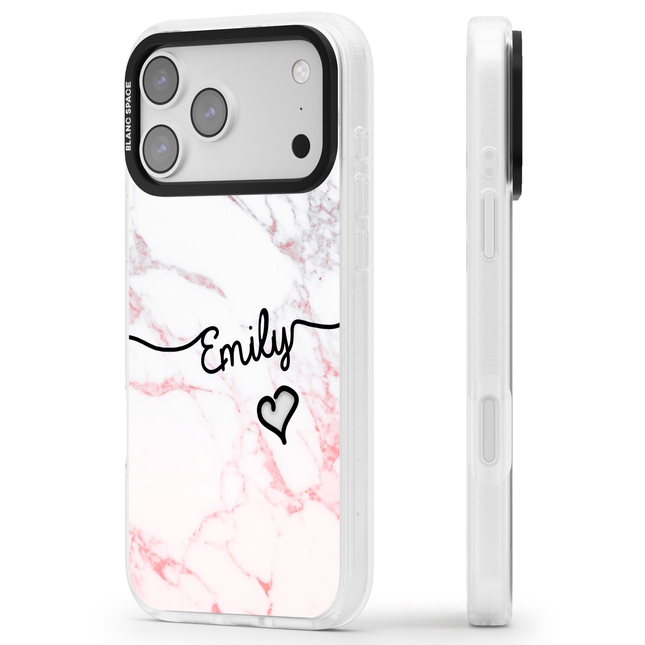 Personalised Pink Fade Marble Heart iPhone 17 Pro Impact Air Clear Phone Case Side Profile
